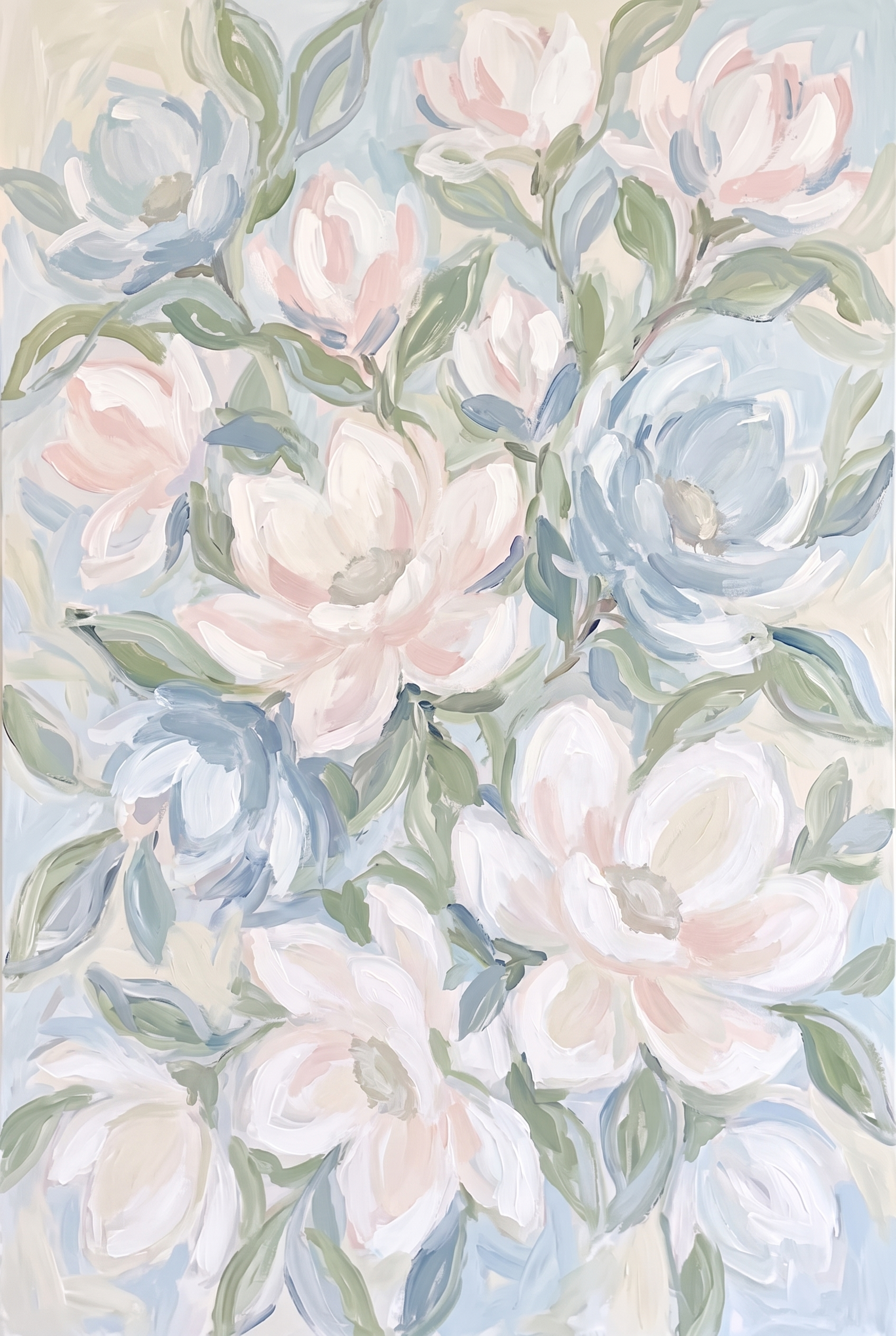 Pastel Blue White Magnolia Floral Wall Art - Pastel Petal Waltz