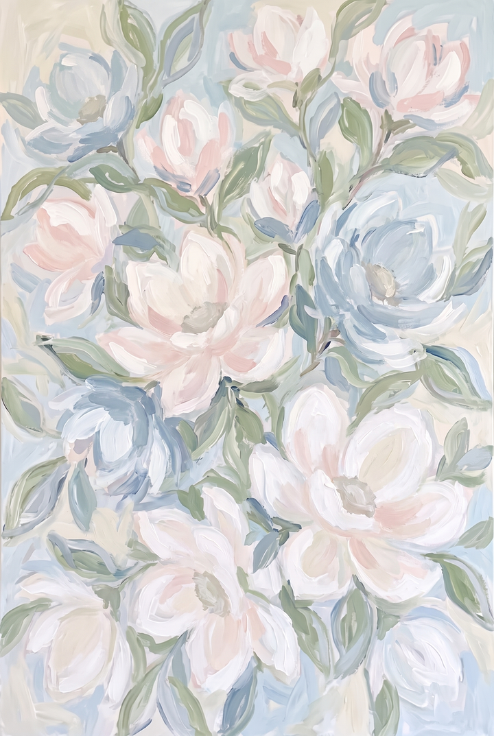 Pastel blue white magnolia floral wall art with soft pink highlights and sage green leaves in an airy style.