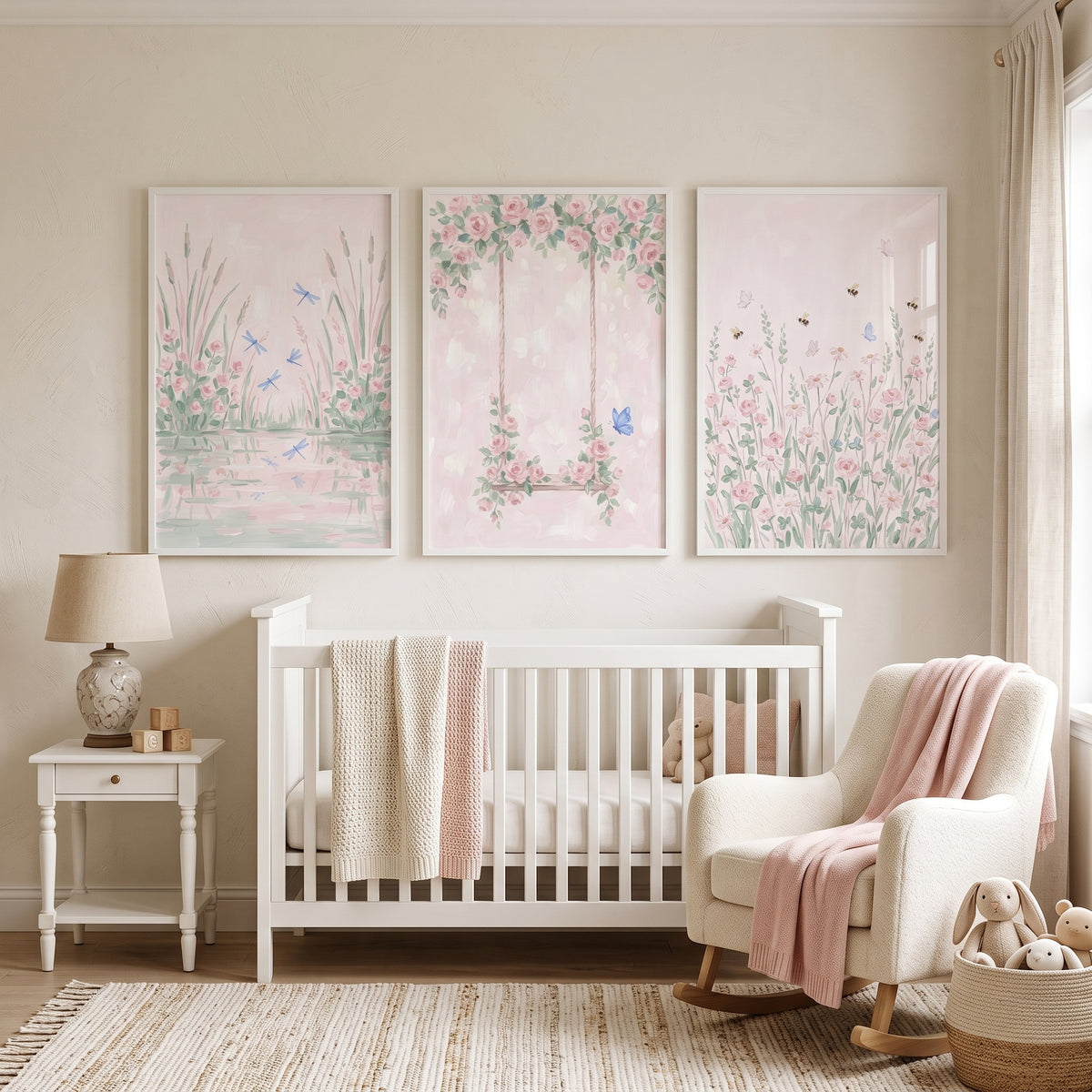 Pastel Blush Garden Wall Art Set of 3 - Pink Garden Dreams