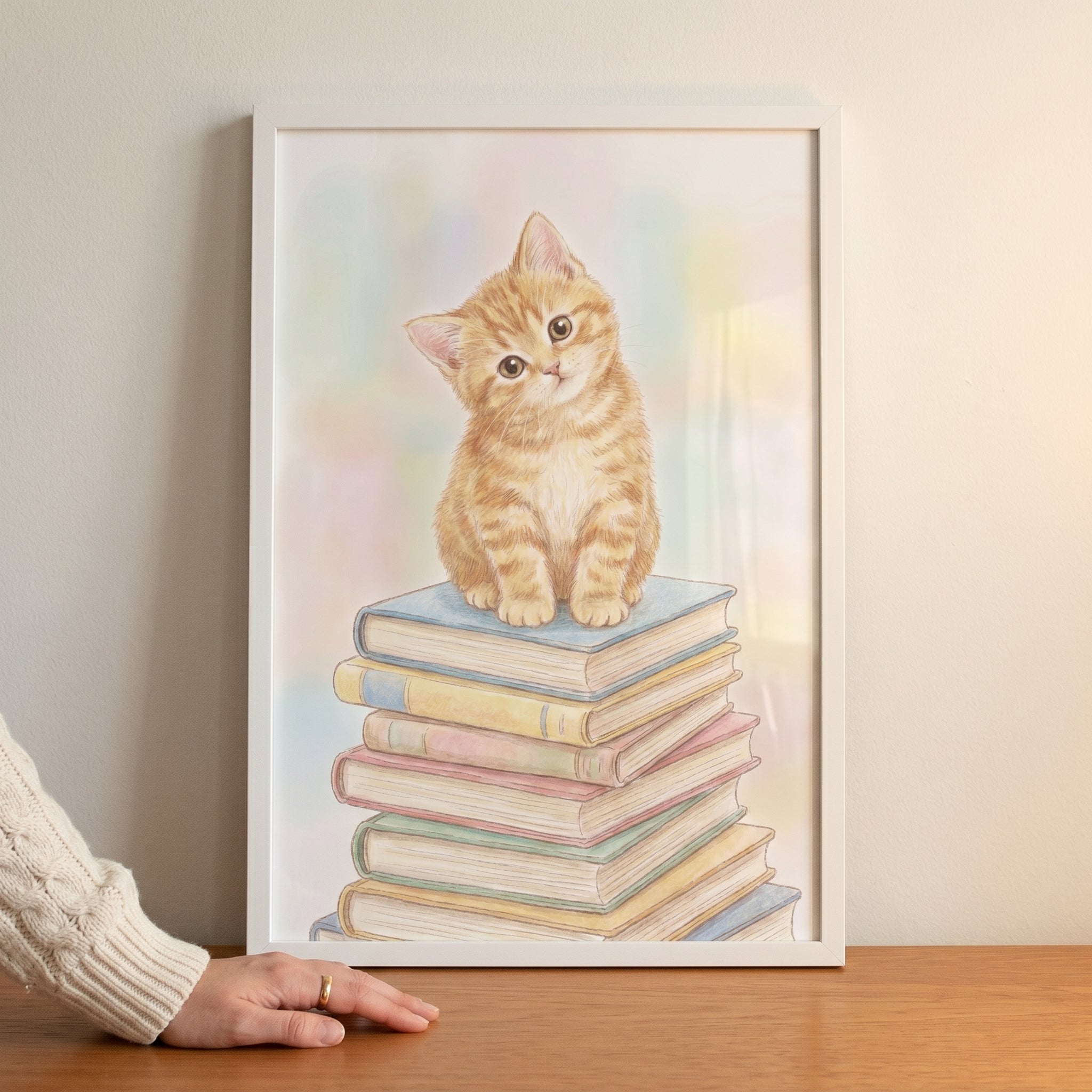 Pastel Book Stack Kitten Wall Art - The Bookish Tabby