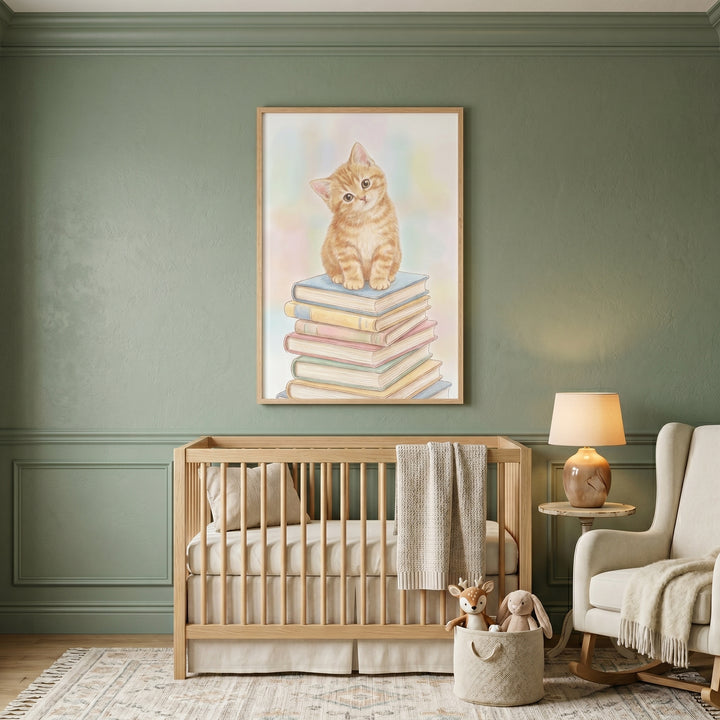 Pastel book stack kitten wall art hangs above a wooden crib in a green nursery with a white rocking chair.