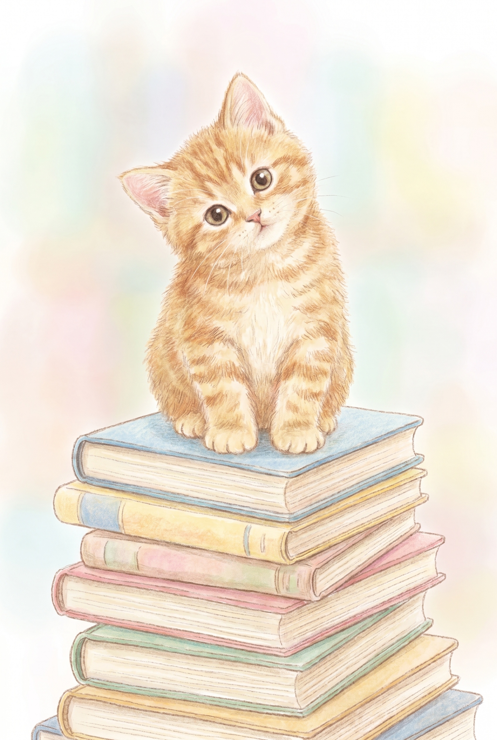 Pastel Book Stack Kitten Wall Art - The Bookish Tabby