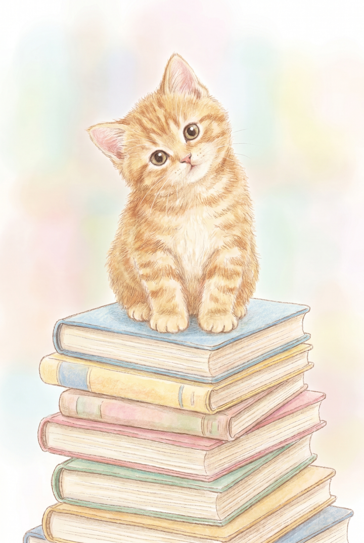 An orange tabby kitten with a tilted head sits on a tall pastel book stack kitten wall art illustration.