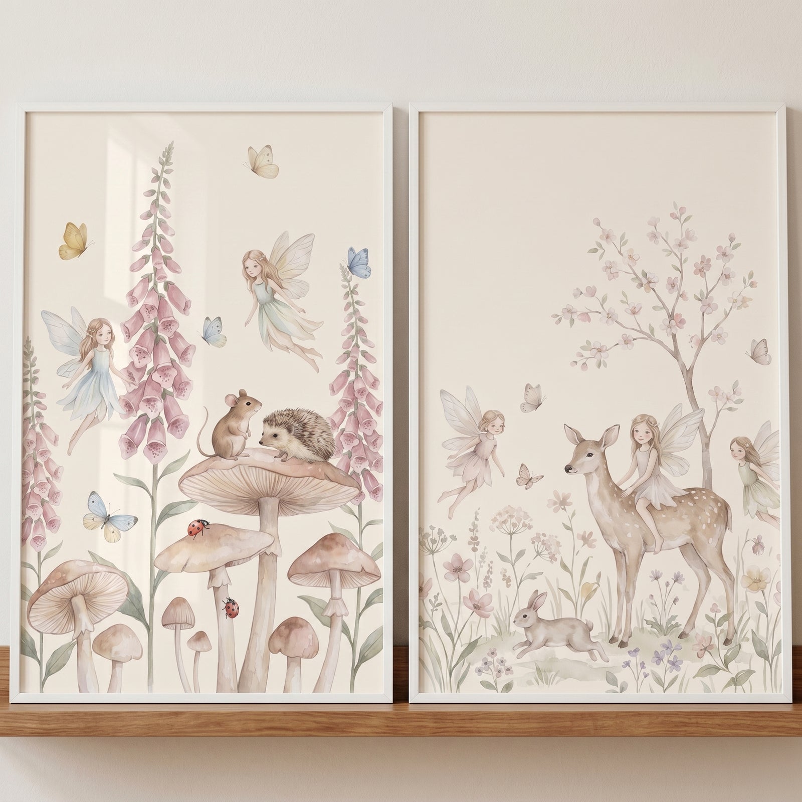 Pastel botanical garden fairies wall art set of 2 with watercolor mushrooms, forest animals, and deer in soft tones.