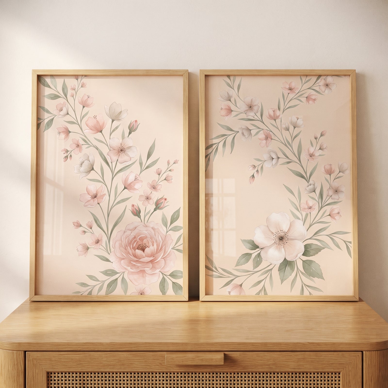 Pastel botanical pink floral wall art set of 2 in wood frames displayed on a light wood dresser.