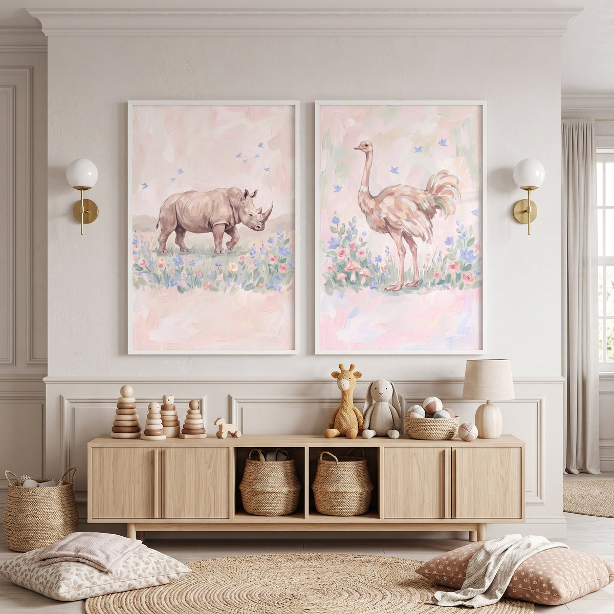 Pastel Botanical Safari Animals Wall Art Set of 2 - Pastel Safari Friends