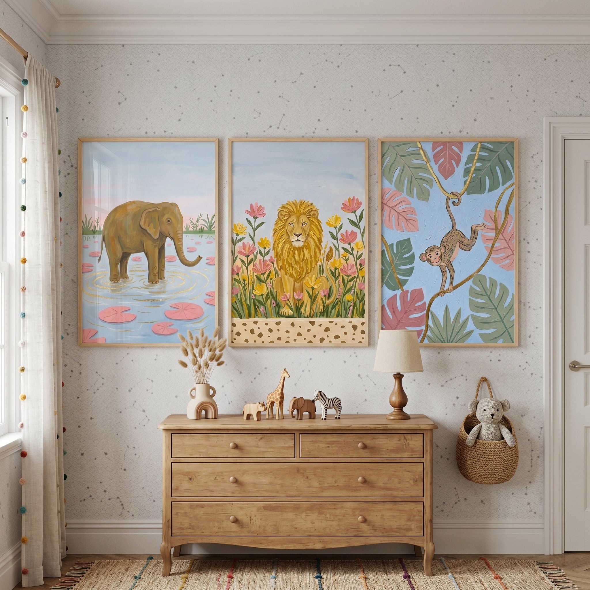 Pastel Botanical Safari Animals Wall Art Set Of 3 - Gentle Jungle Friends