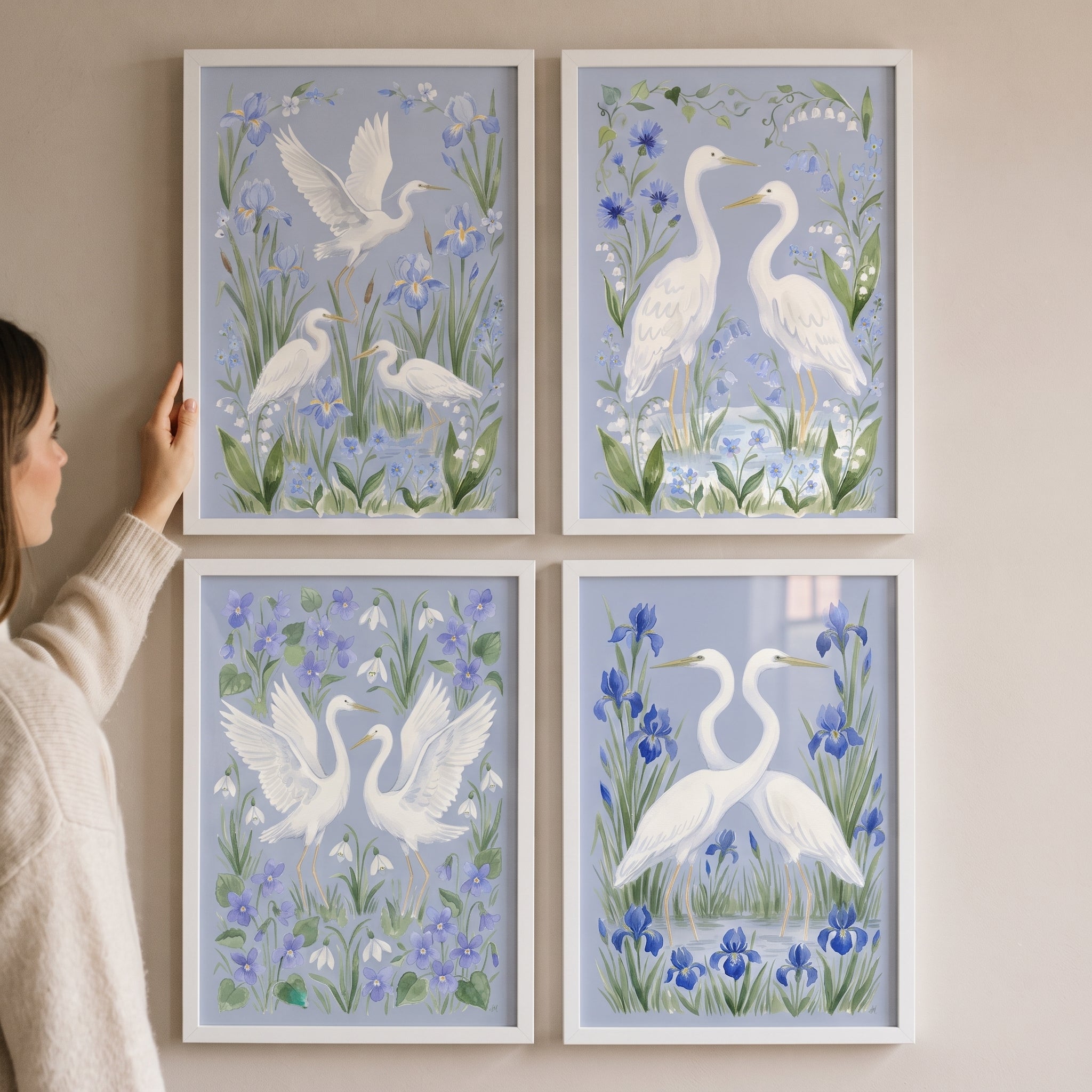 Pastel Botanical White Egret Bird Wall Art Set of 4 - Azure Heron Sanctuary
