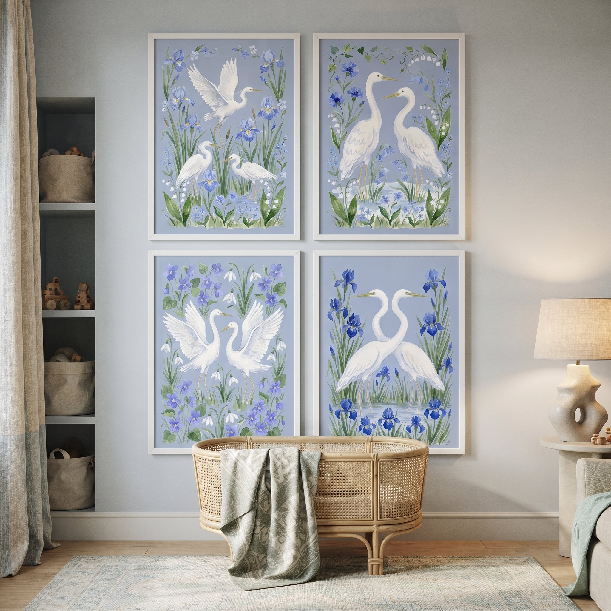 Pastel Botanical White Egret Bird Wall Art Set of 4 - Azure Heron Sanctuary