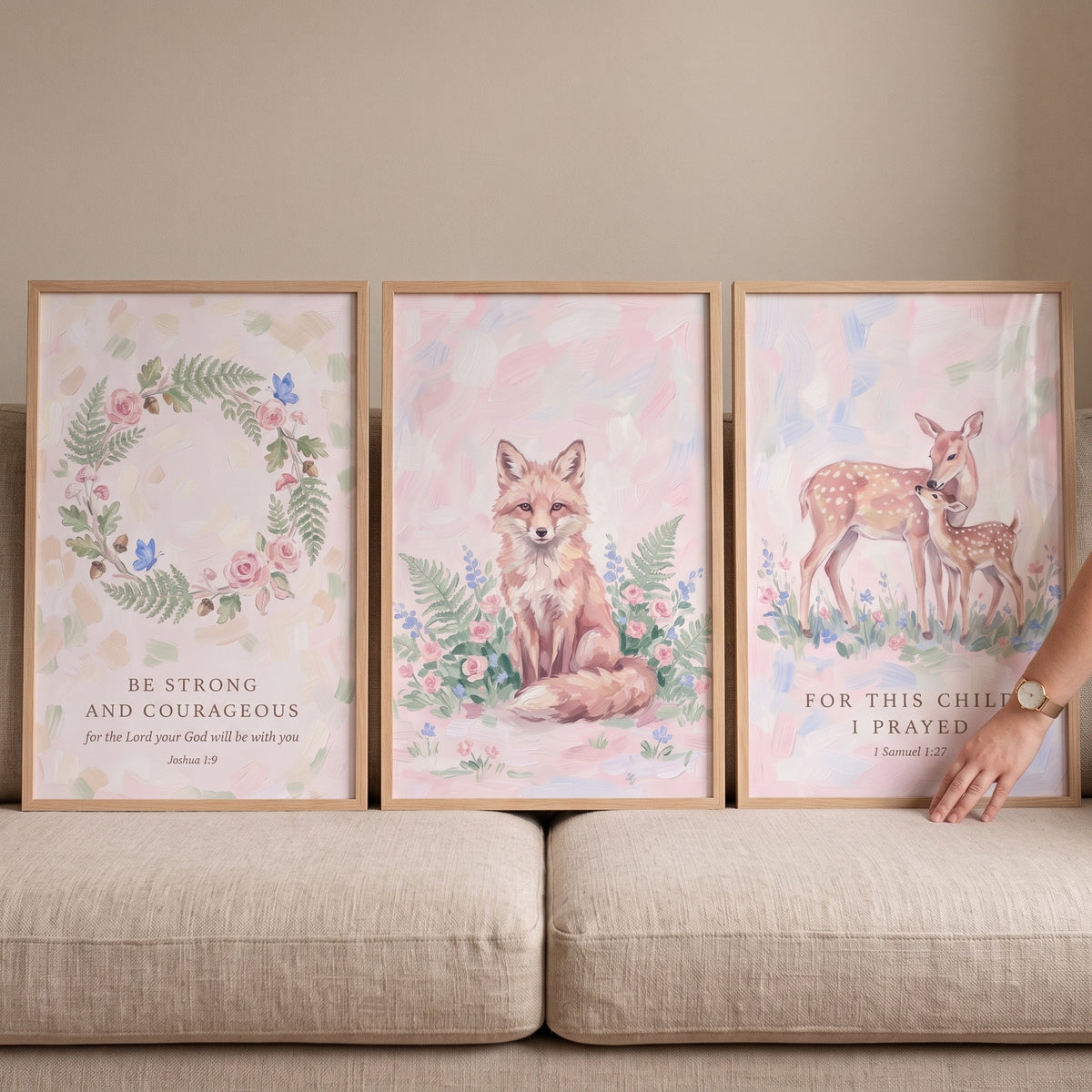 Pastel Botanical Woodland Nature Artwork Set of 3 - Nursery Scripture Prints