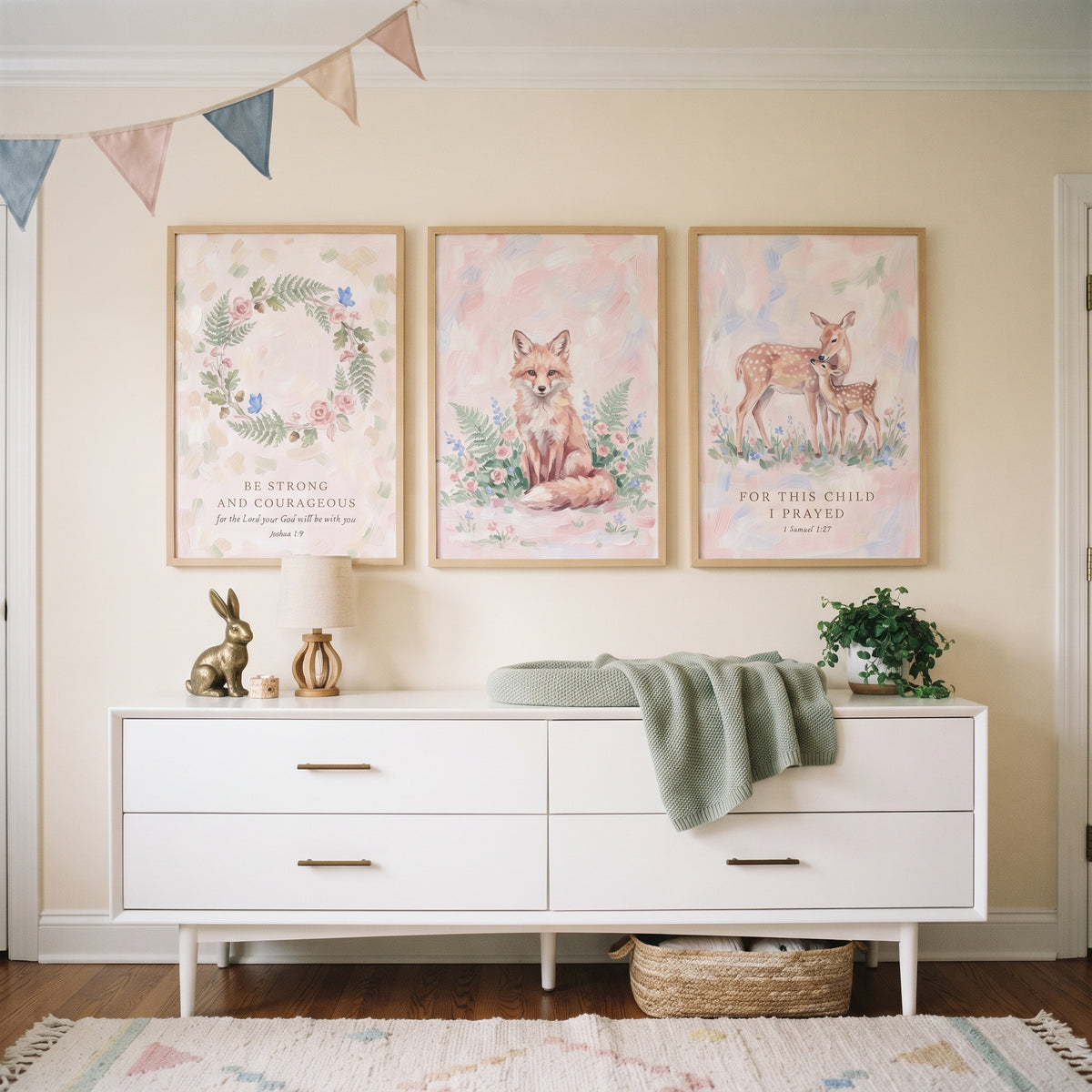 Pastel Botanical Woodland Nature Artwork Set of 3 - Nursery Scripture Prints