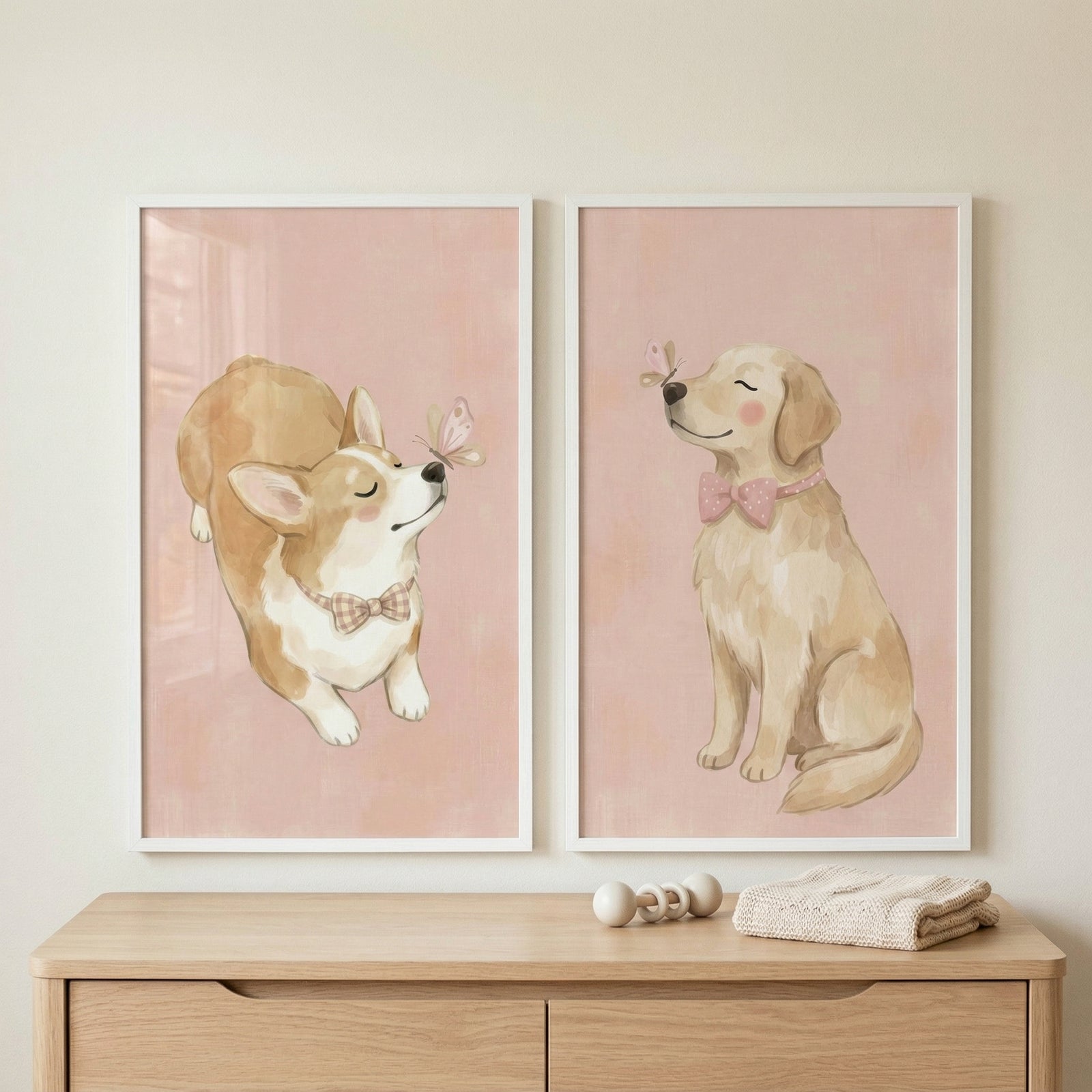 Two framed illustrations are displayed on a neutral-colored wall above a light wooden dresser. The dresser has two drawers and holds a small white wooden toy and a neatly folded cream-colored knit blanket. 
