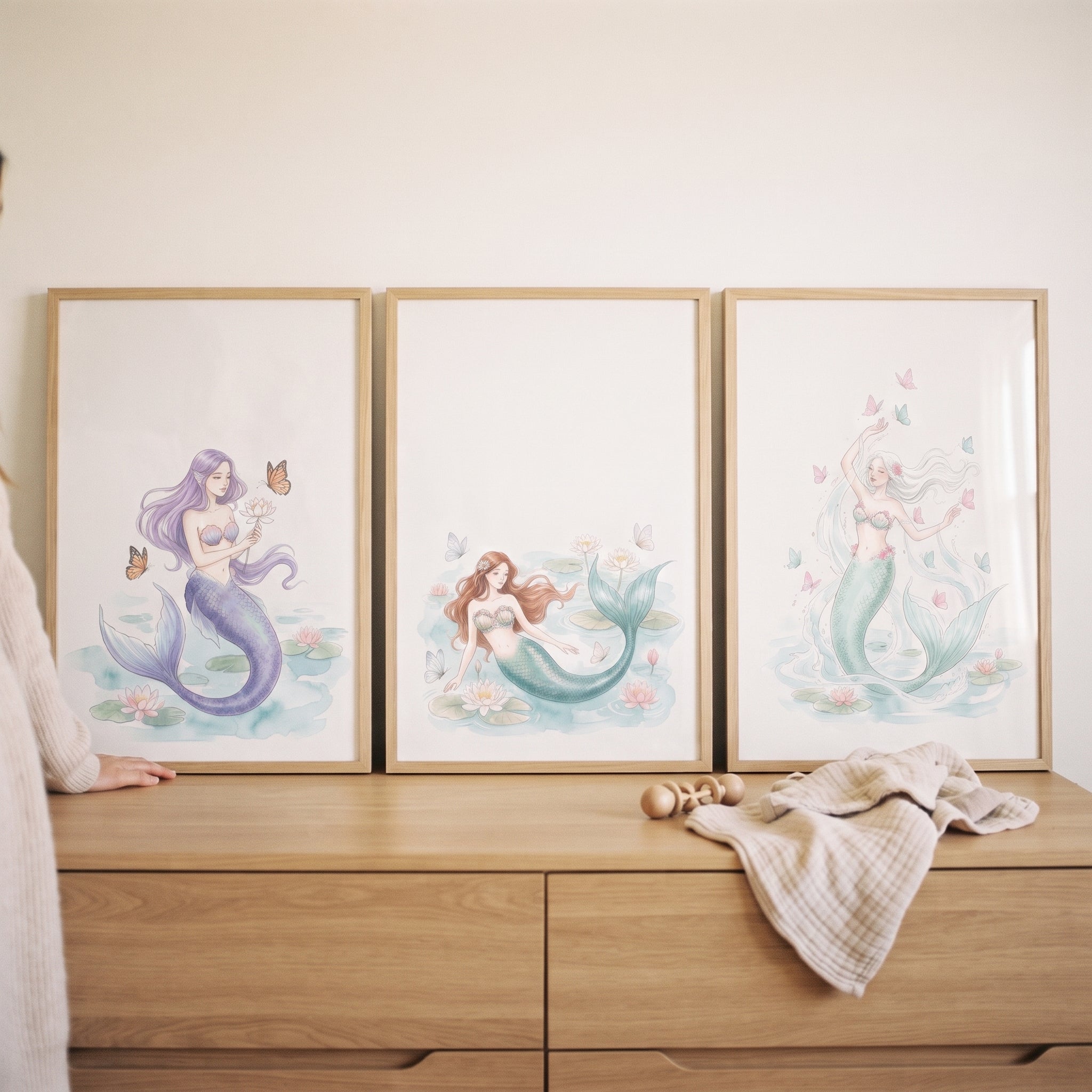Pastel Butterfly Fantasy Mermaid Wall Art Set of 3 - Pastel Ocean Dreams