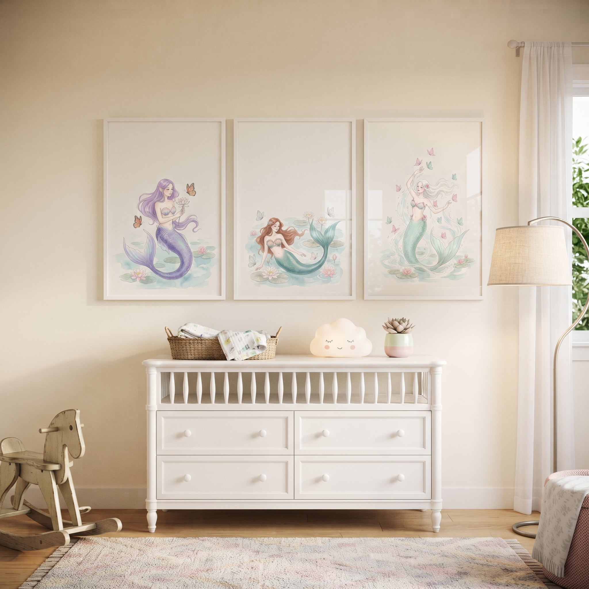 Pastel Butterfly Fantasy Mermaid Wall Art Set of 3 - Pastel Ocean Dreams