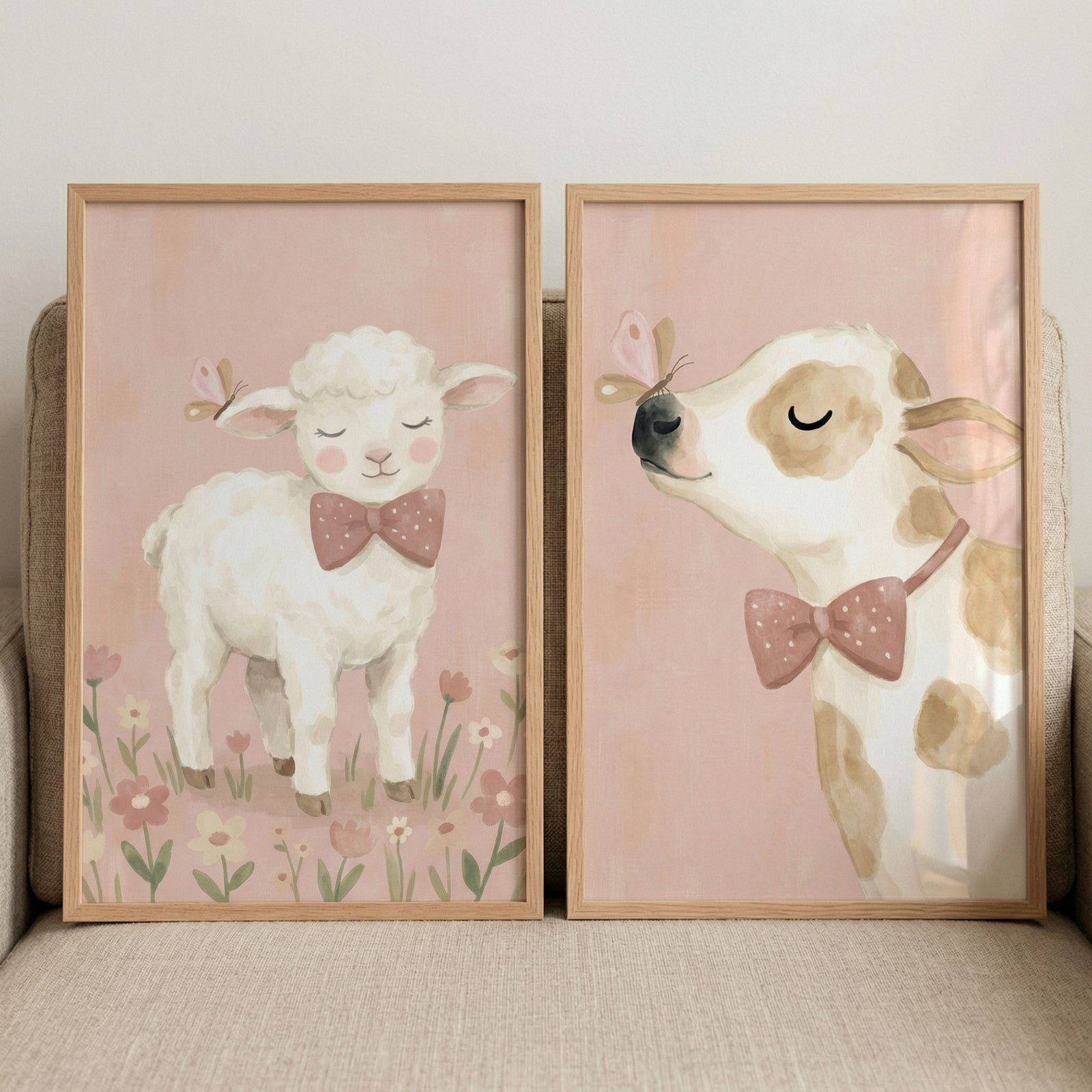 Two wooden-framed art pieces are displayed side-by-side on a light-colored couch. Each illustration features a soft pink background and a gentle animal subject. The left piece shows a fluffy white lamb with a peaceful expression and closed eyes, wearing a dusty pink bowtie with white polka dots. 