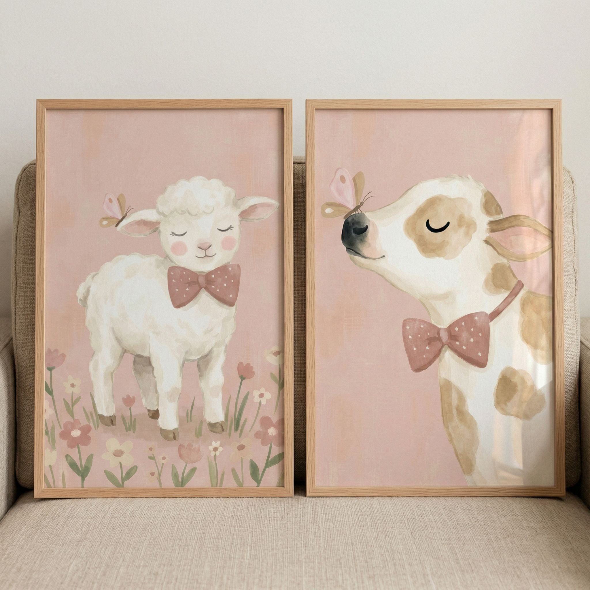 Pastel Butterfly Farm Animals Wall Art Set of 2 - Sweet Barnyard Friends