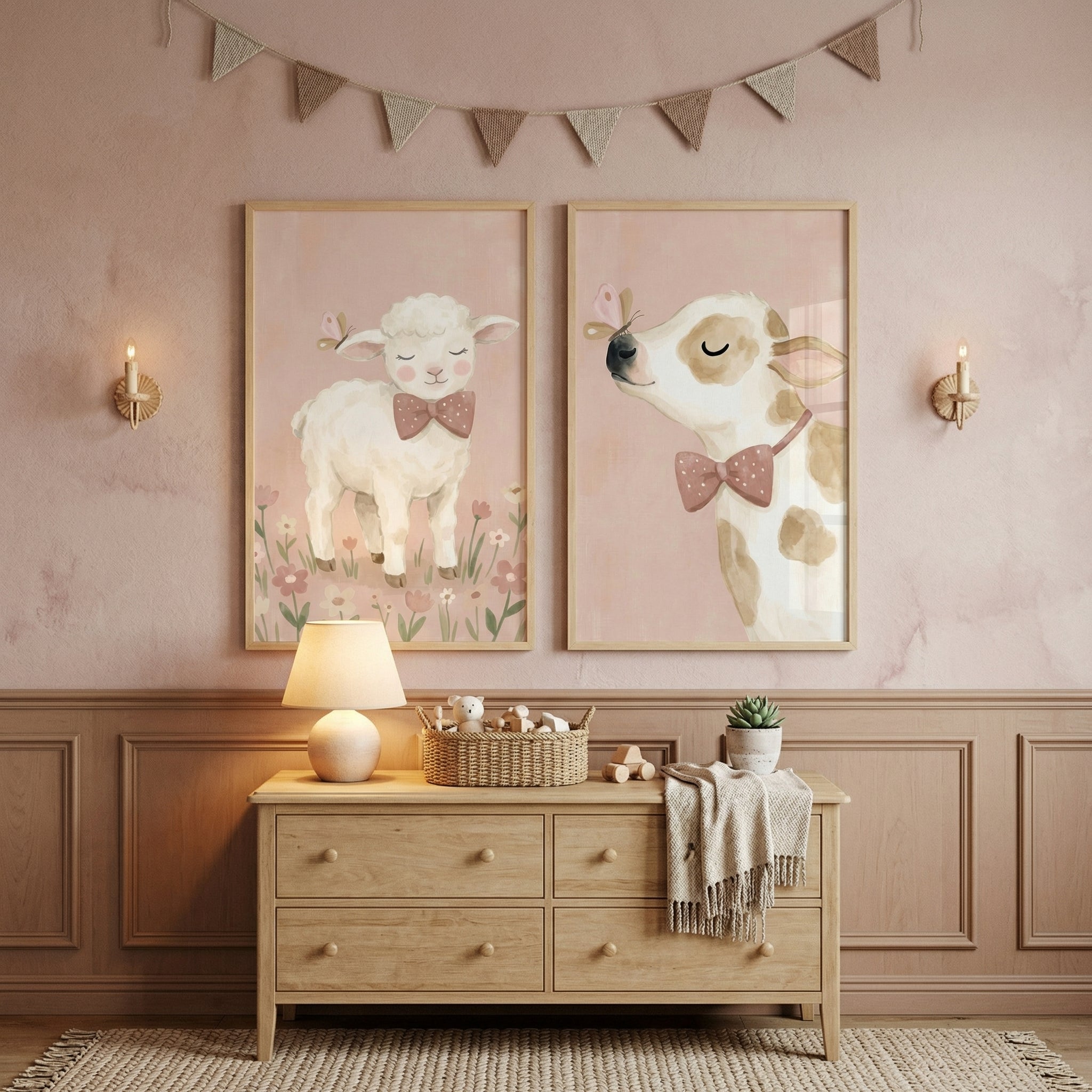 Pastel Butterfly Farm Animals Wall Art Set of 2 - Sweet Barnyard Friends