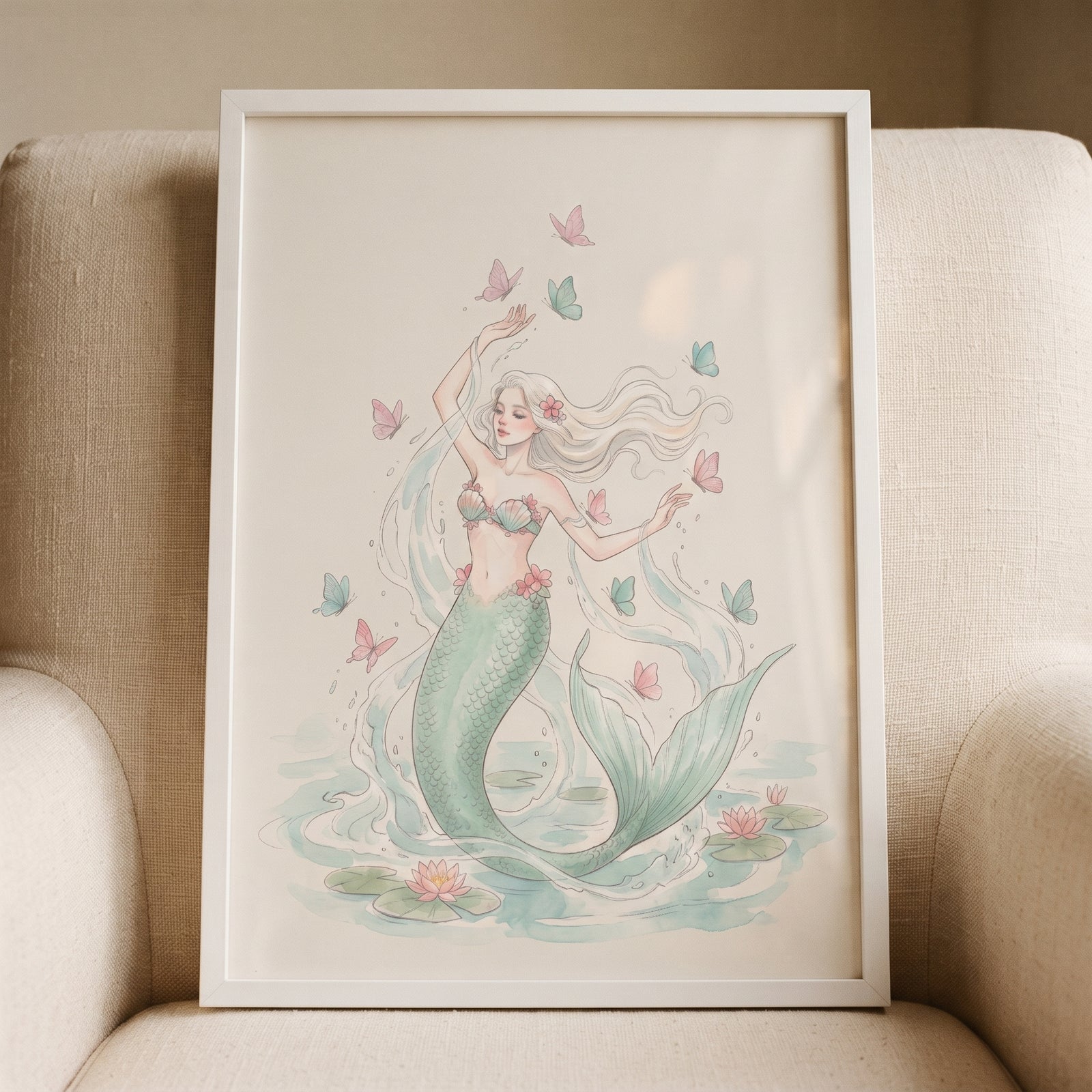 Framed pastel butterfly watercolor mermaid wall art with a blonde mermaid, butterflies, and lily pads in soft hues.