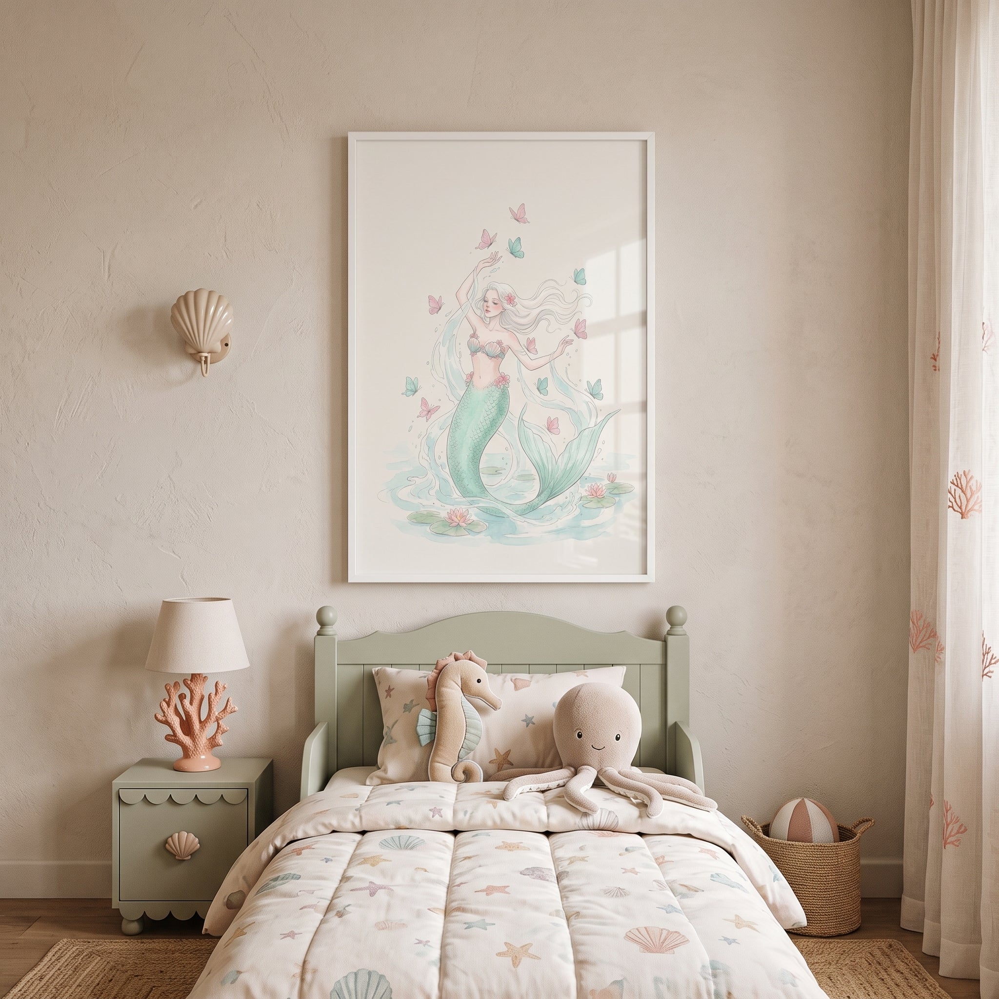 Pastel Butterfly Watercolor Mermaid Wall Art - Pastel Mermaid Dream