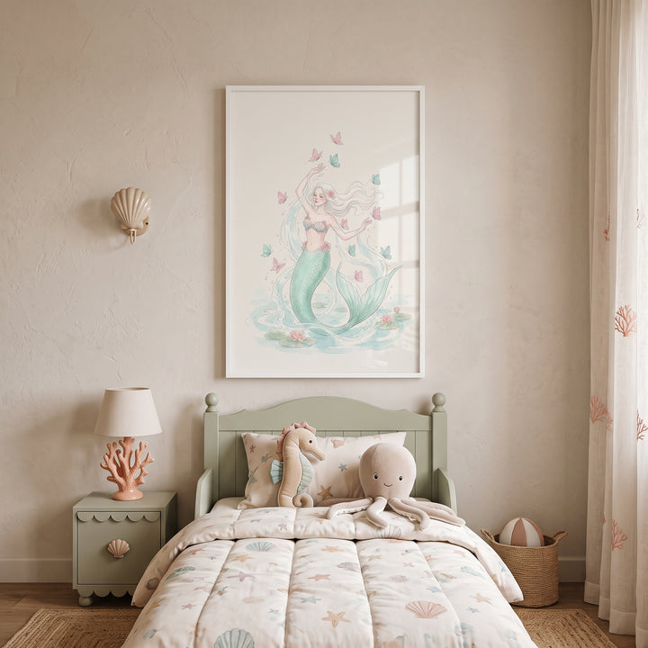 Sage green bed with toys sits below framed pastel butterfly watercolor mermaid wall art in an ocean-themed room.
