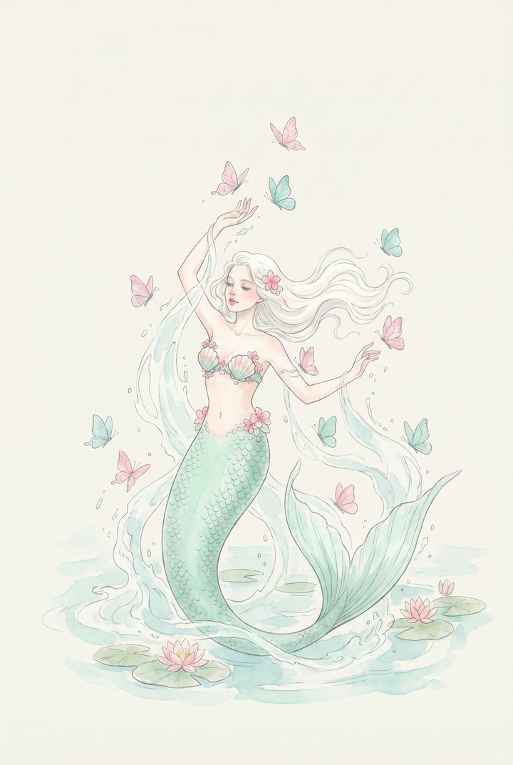 Pastel butterfly watercolor mermaid wall art features a mermaid with white hair among pink flowers and butterflies.
