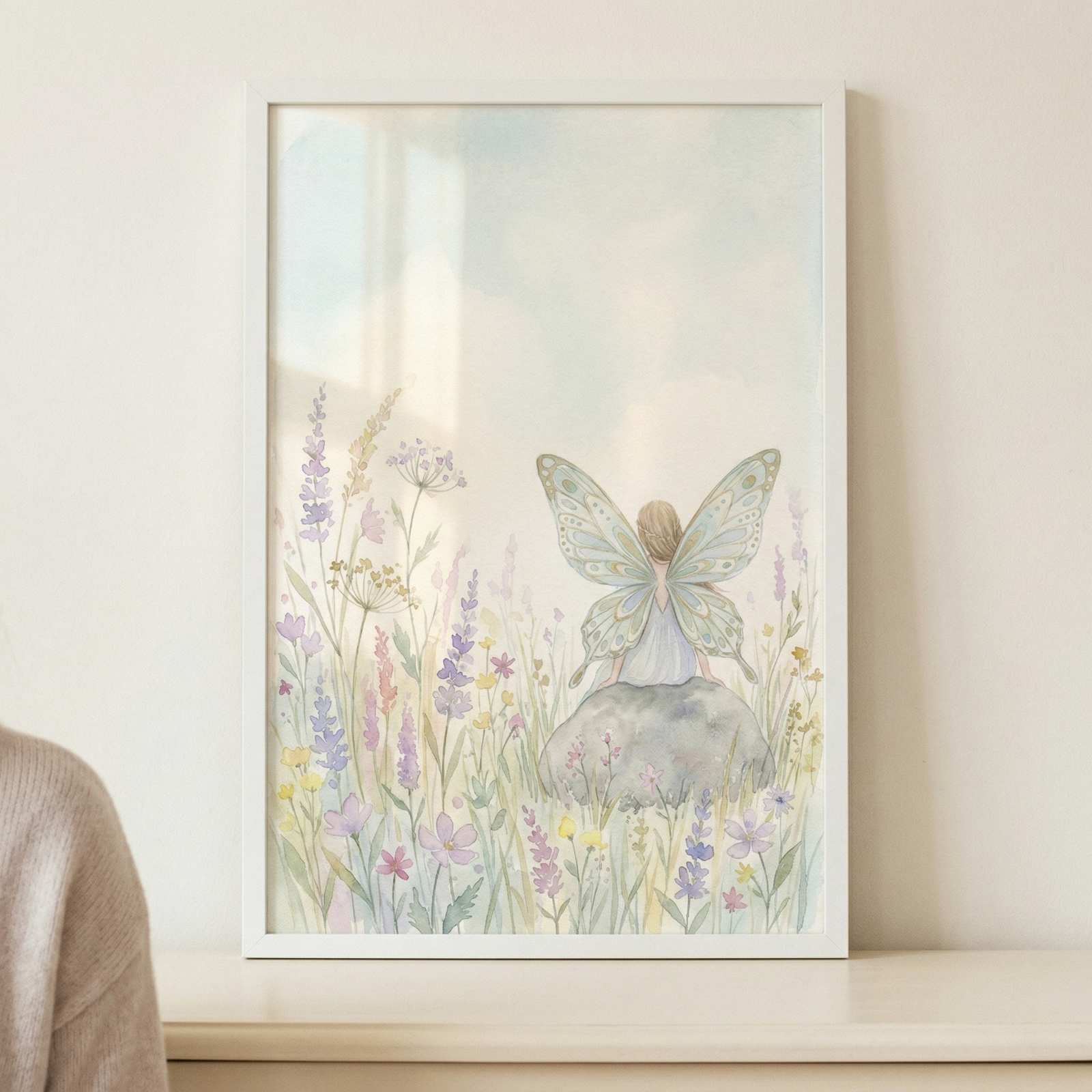 A soft and whimsical watercolor-style illustration of a fairy is presented in a simple white frame. The central figure is a small, delicate fairy with large, translucent wings decorated with subtle patterns, similar to those of a butterfly. She is shown from behind, sitting peacefully on a large, smooth grey stone. 