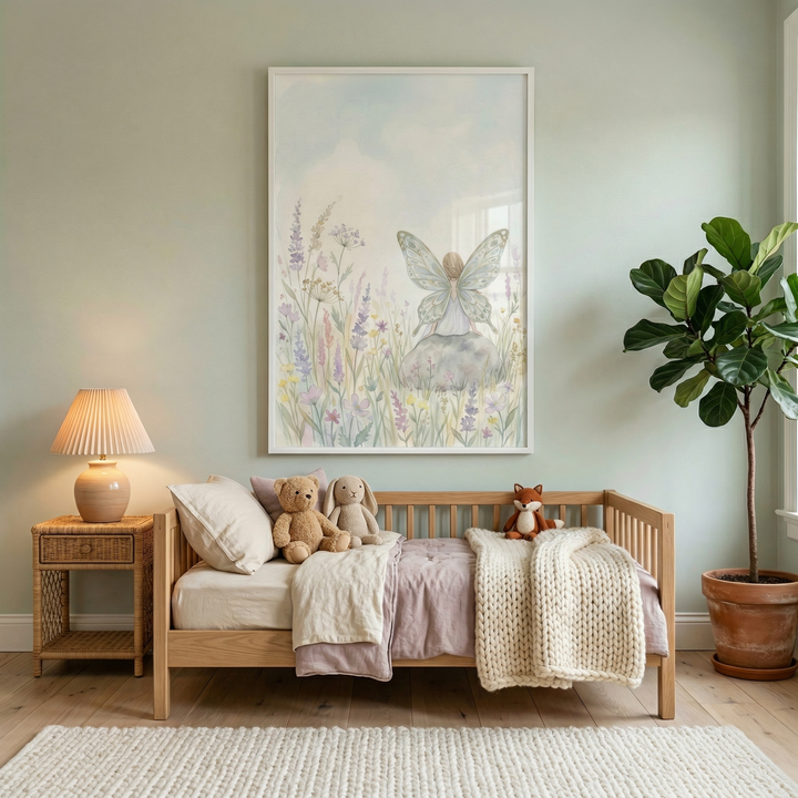 A serene and whimsical child's bedroom features soft sage green walls and light wood flooring. Centrally placed is a natural wood bed frame dressed in cream and dusty pink linens, topped with a chunky knit throw. Several plush animal toys, including a bear, a bunny, and a fox, rest on the bed. 
