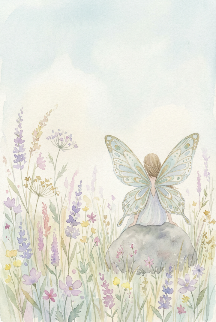 Watercolor illustration of a fairy sitting on a rock in a meadow of soft pastel wildflowers with large patterned wings spread behind her. The scene captures a quiet moment of rest in a dreamy countryside setting.
