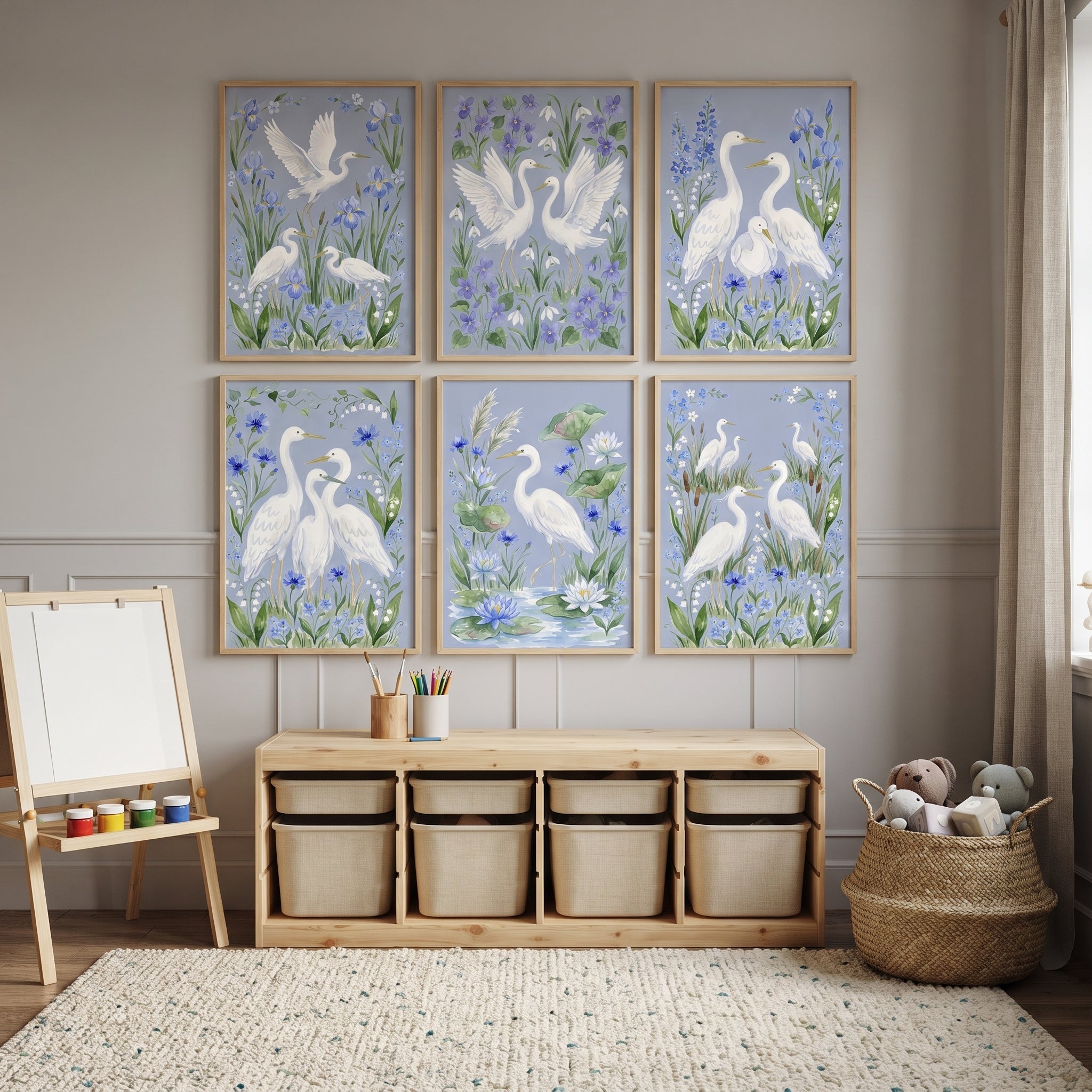 Pastel Coastal Wading Bird Wall Art Set of 6 - Serene Heron Meadow