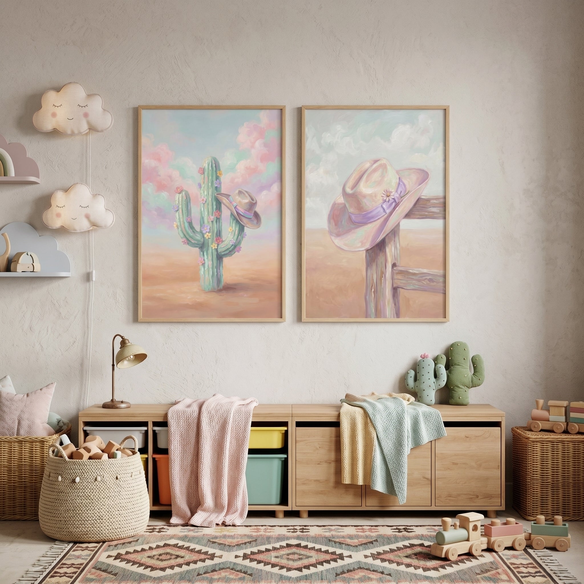 Pastel Desert Cowboy Hat Wall Art Set of 2 - Floral Western Spirit