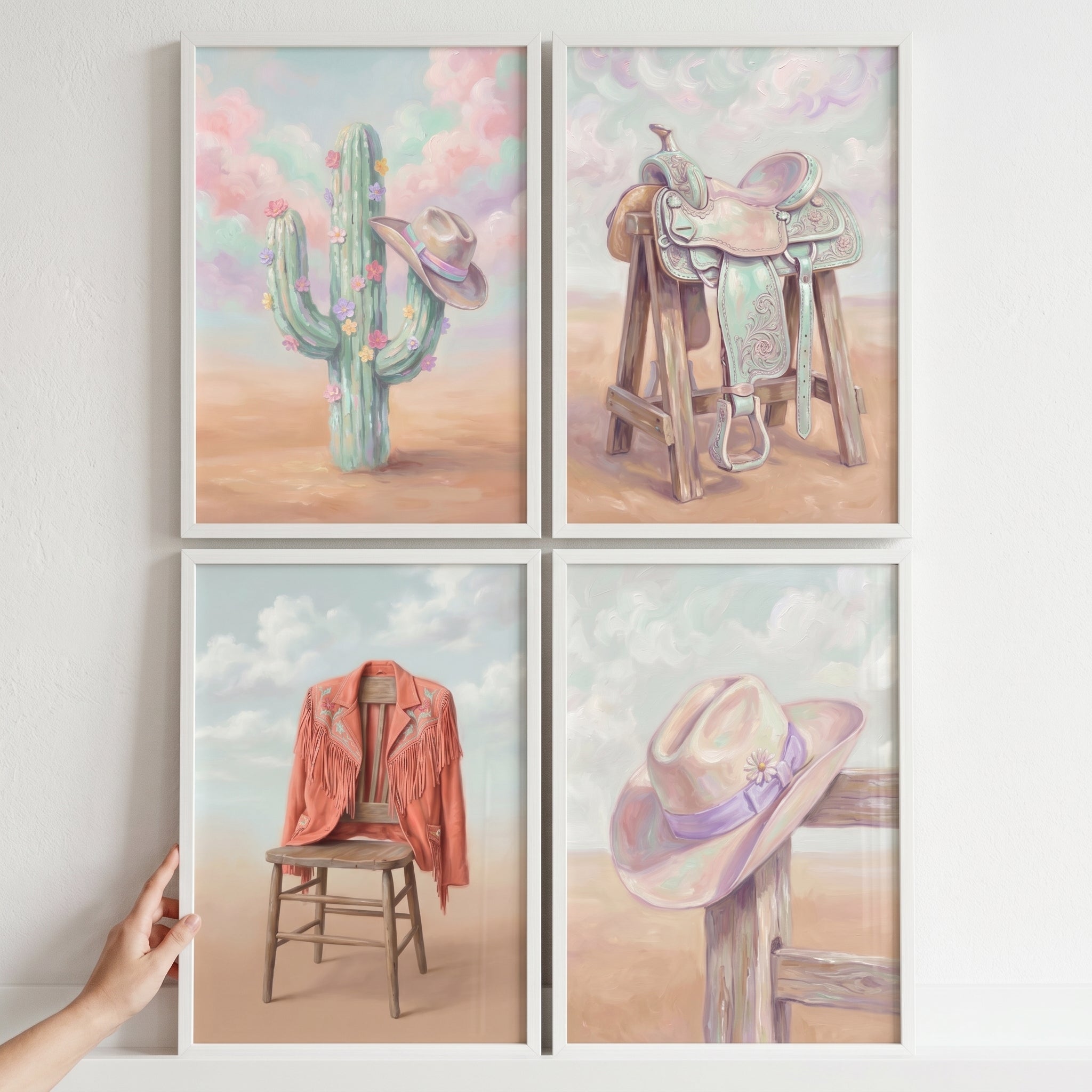 Pastel Desert Cowgirl Gear Wall Art Set of 4 - Whimsical Western Charm