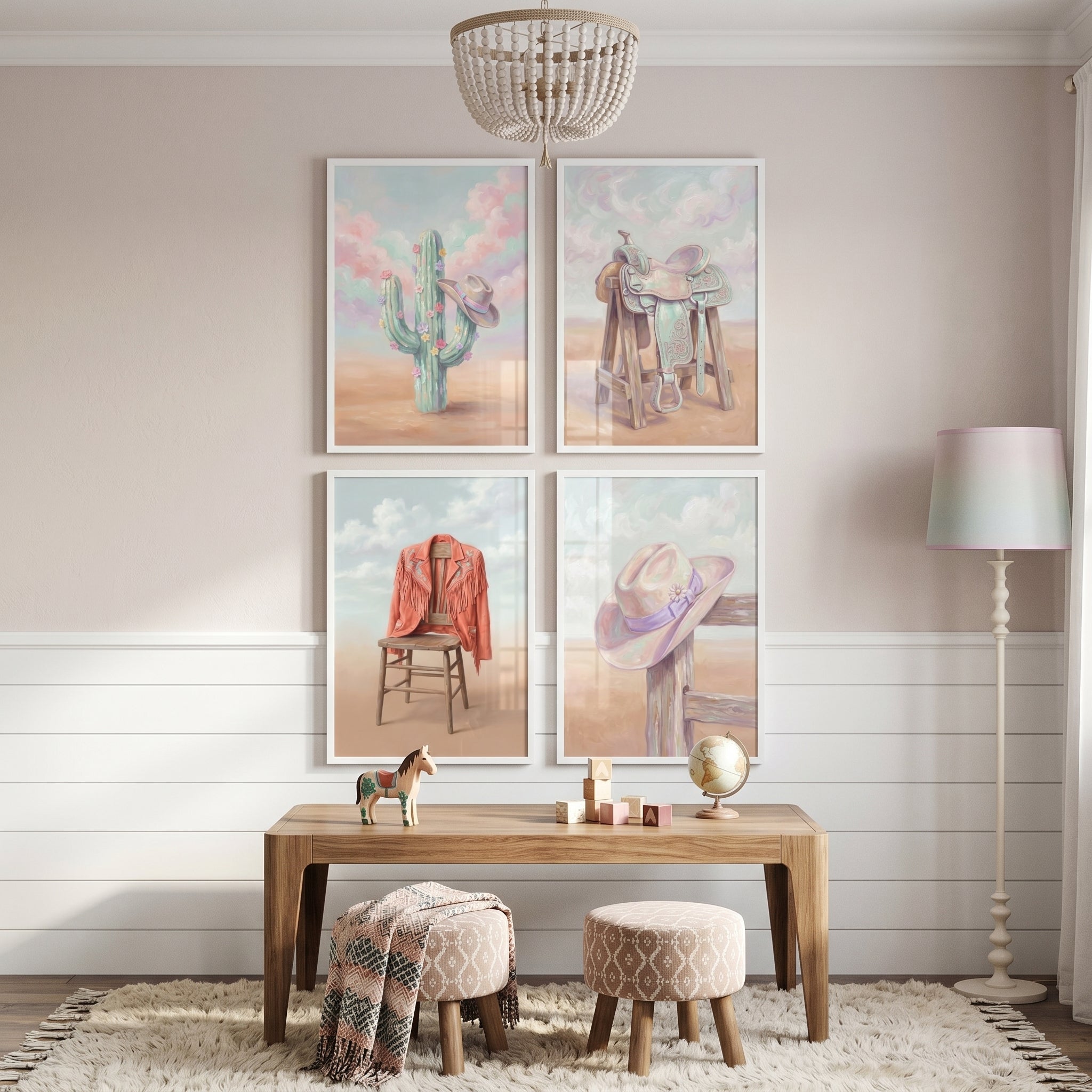 Pastel Desert Cowgirl Gear Wall Art Set of 4 - Whimsical Western Charm
