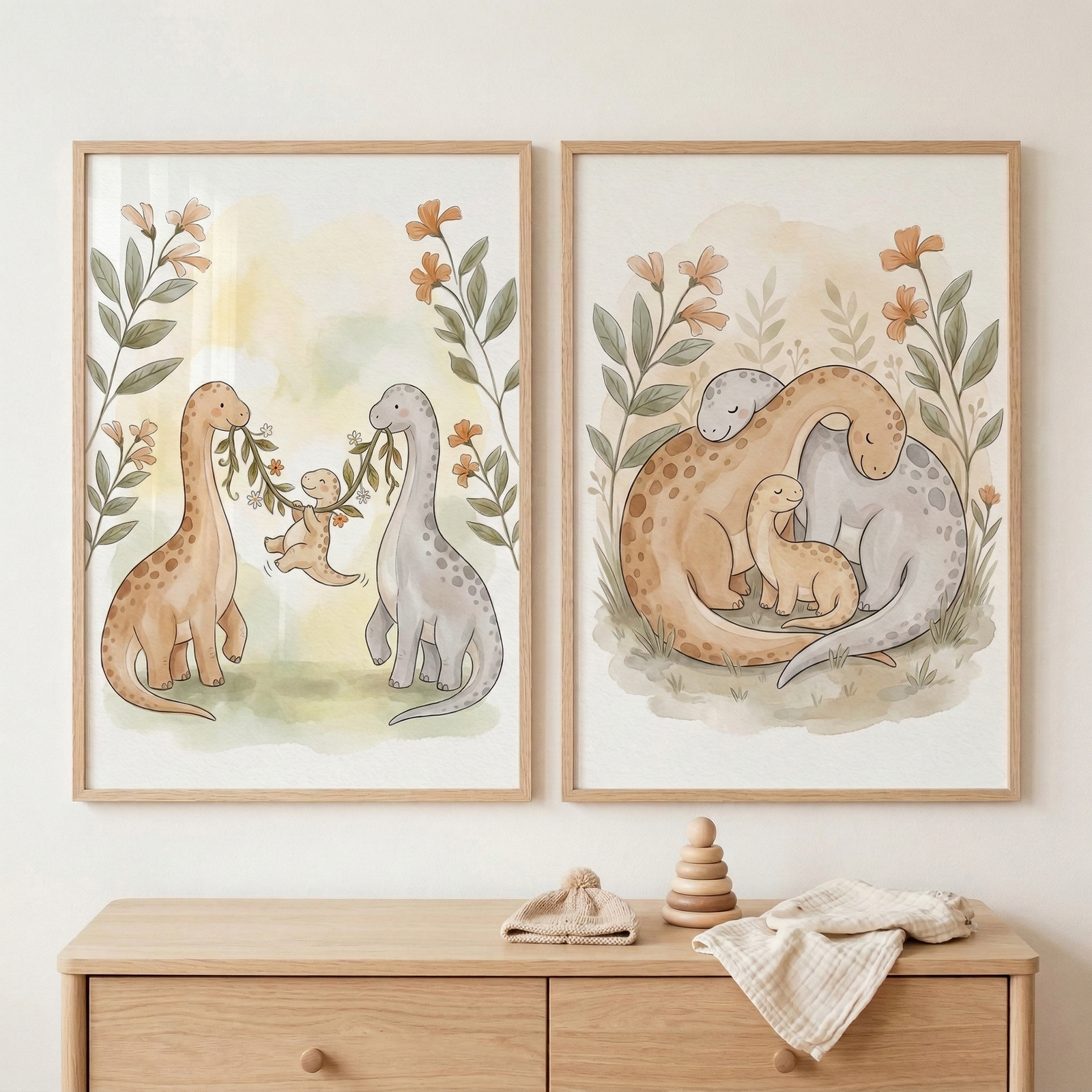 Two light-wood framed illustrations hang side-by-side above a wooden dresser. Both feature a soft watercolor aesthetic with dinosaurs and floral borders. The left image shows two adult long-necked dinosaurs holding a leafy vine swing for a baby dinosaur. The right image depicts the three dinosaurs snuggled together in a peaceful embrace. On the dresser below are a small knit hat, a wooden stacking toy, and a folded cloth, creating a gentle nursery atmosphere.
