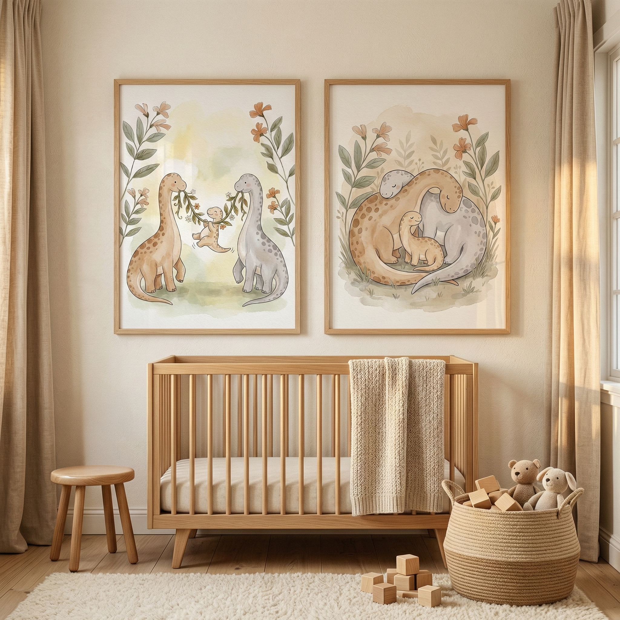 Soft Pastel Dino Pack Wall Art Set of 2 - Gentle Dino Family