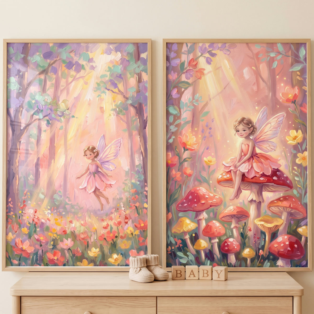 Pastel Enchanted Forest Fairy Wall Art Set of 2 - Sunlit Fairy Glade