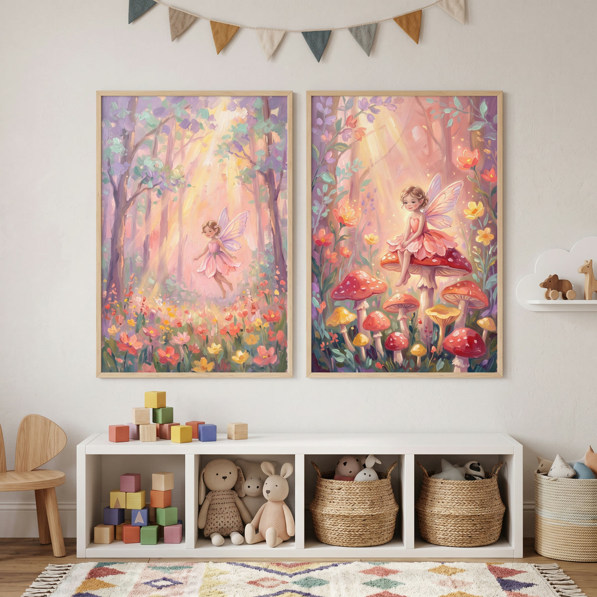 Pastel Enchanted Forest Fairy Wall Art Set of 2 - Sunlit Fairy Glade