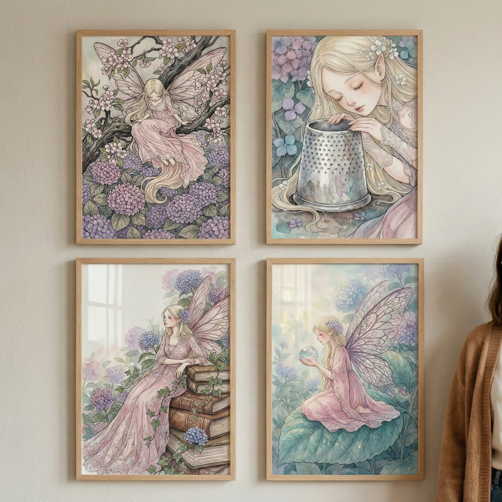 Four framed illustrations are arranged in a two-by-two grid on a light-colored wall. Each piece features a delicate watercolor style with a whimsical, nature-inspired theme in soft shades of pink, purple, and blue. The top-left illustration shows a long-haired fairy with pink wings resting on a flowering branch above clusters of purple blossoms. In the top-right, a girl with pointed ears and flowers in her hair leans over a large, metallic thimble-shaped object. 