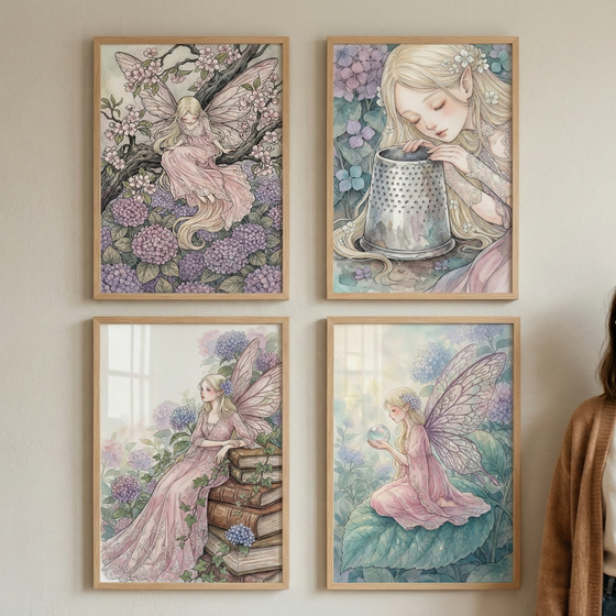 Four framed illustrations are arranged in a two-by-two grid on a light-colored wall. Each piece features a delicate watercolor style with a whimsical, nature-inspired theme in soft shades of pink, purple, and blue. The top-left illustration shows a long-haired fairy with pink wings resting on a flowering branch above clusters of purple blossoms. In the top-right, a girl with pointed ears and flowers in her hair leans over a large, metallic thimble-shaped object. 