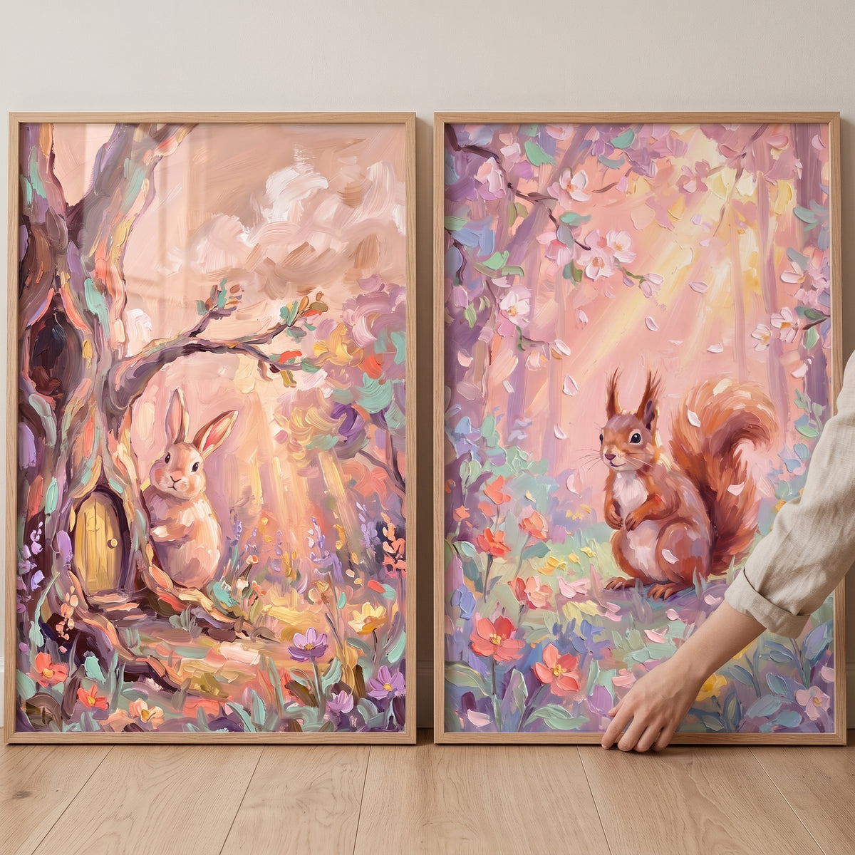 Pastel floral animal forest wall art set of 2 featuring a rabbit and a squirrel with thick, textured brushstrokes.