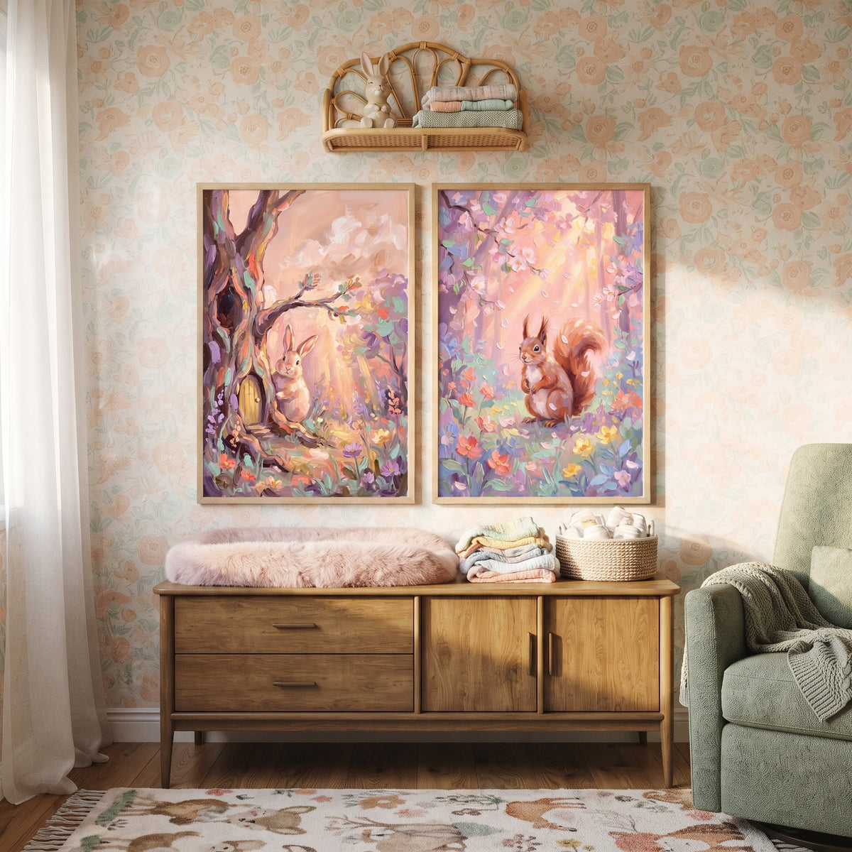 Pastel Floral Animal Forest Wall Art Set of 2 - Whimsical Forest Friends