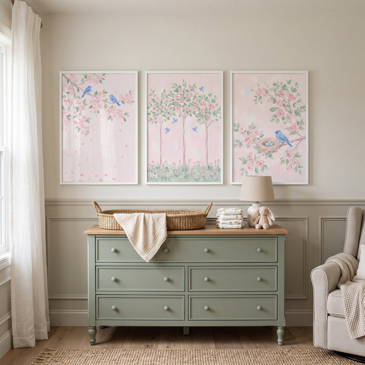 Pastel Floral Blue Bird Artwork Set of 3 - Spring Blossom Song