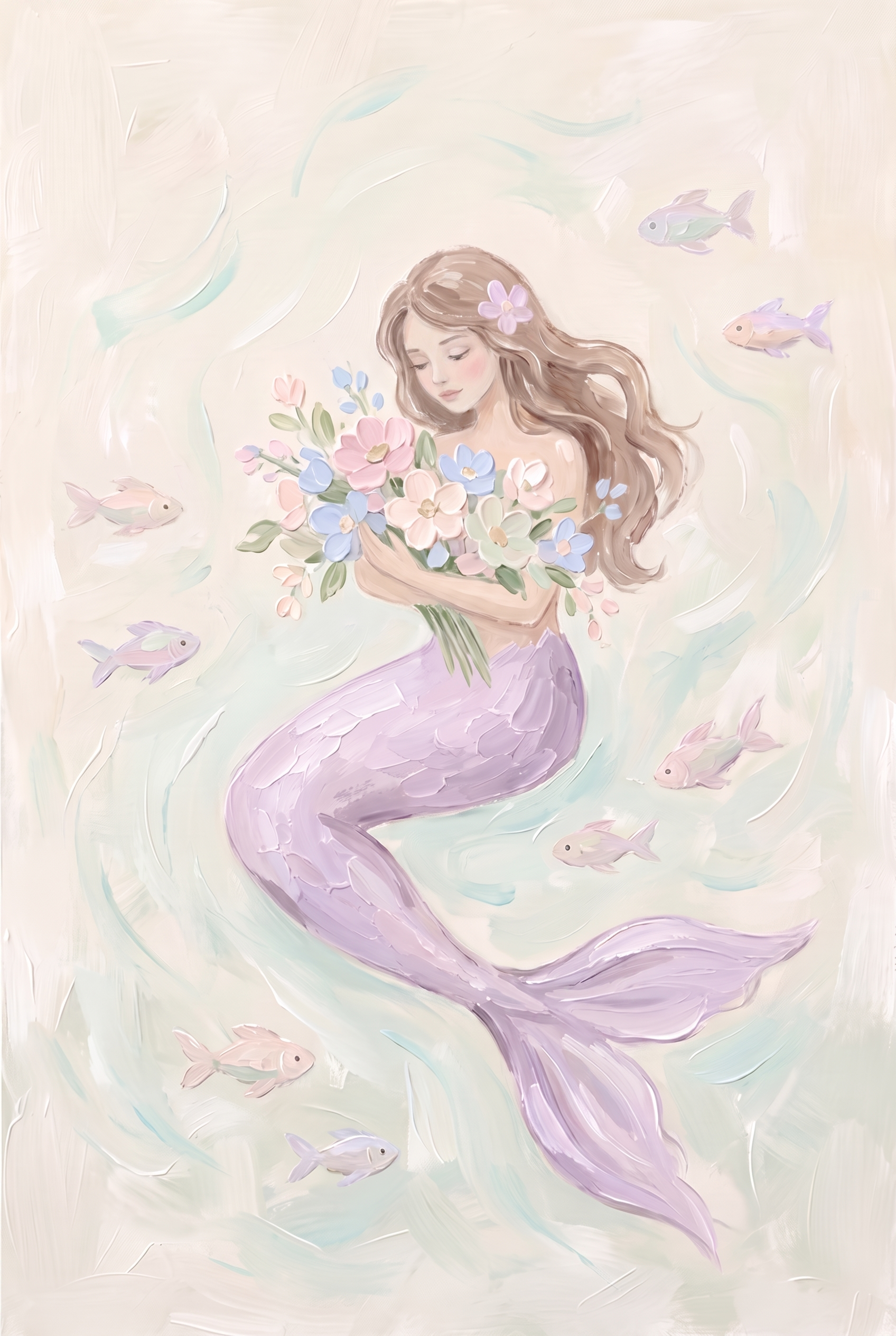 Pastel Floral Bouquet Mermaid Wall Art - Lavender Sea Bloom