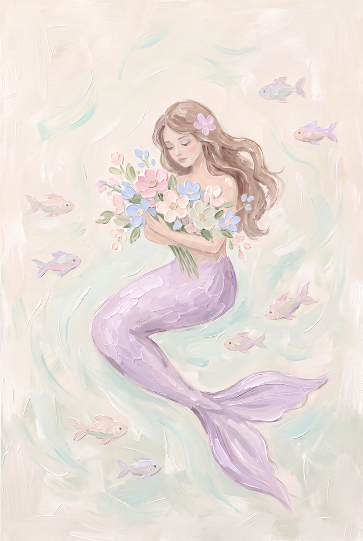 Pastel floral bouquet mermaid wall art with a purple tail and swimming fish in a soft, textured cream setting.