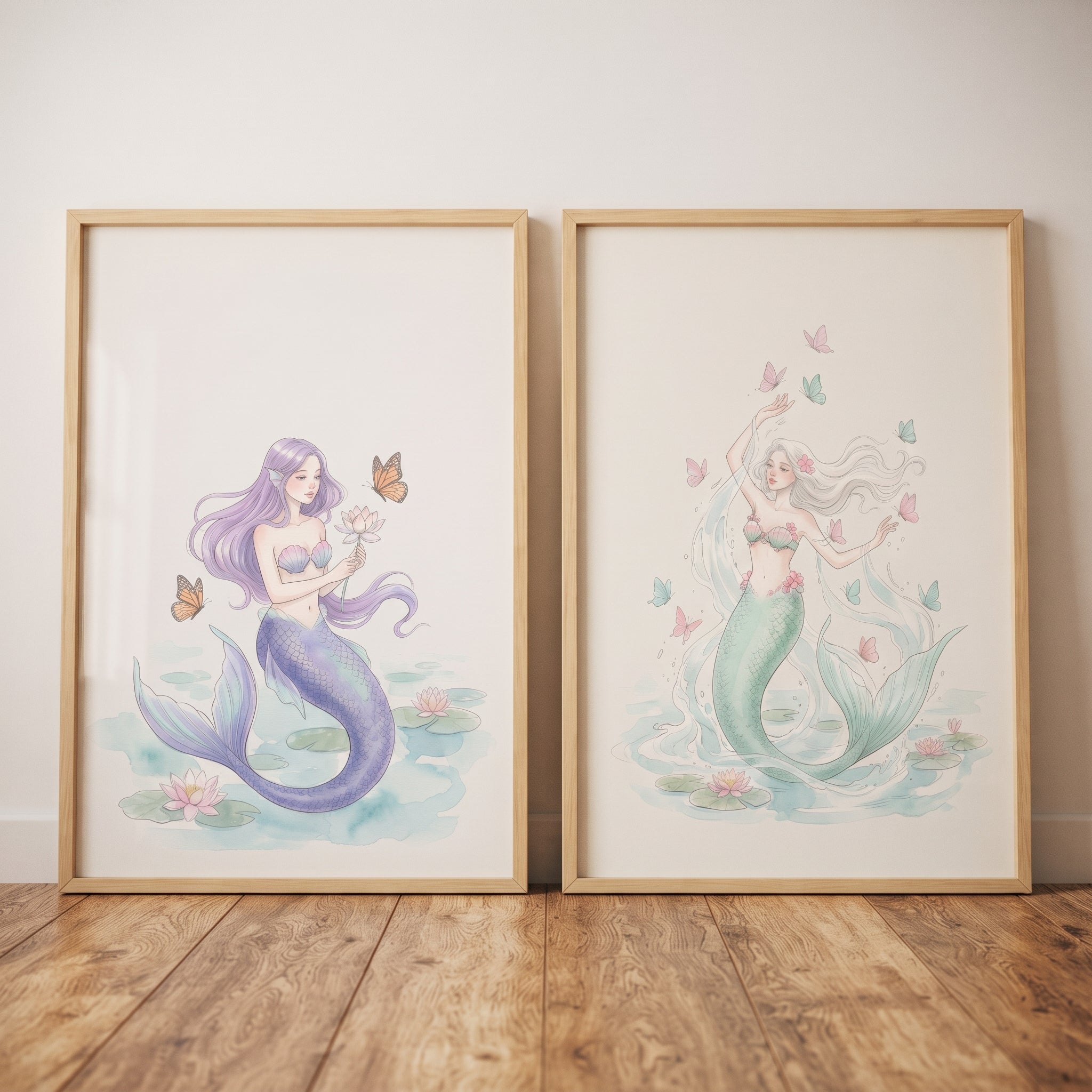 Pastel Floral Butterfly Mermaid Wall Art Set of 2 - Ethereal Sea Spirits