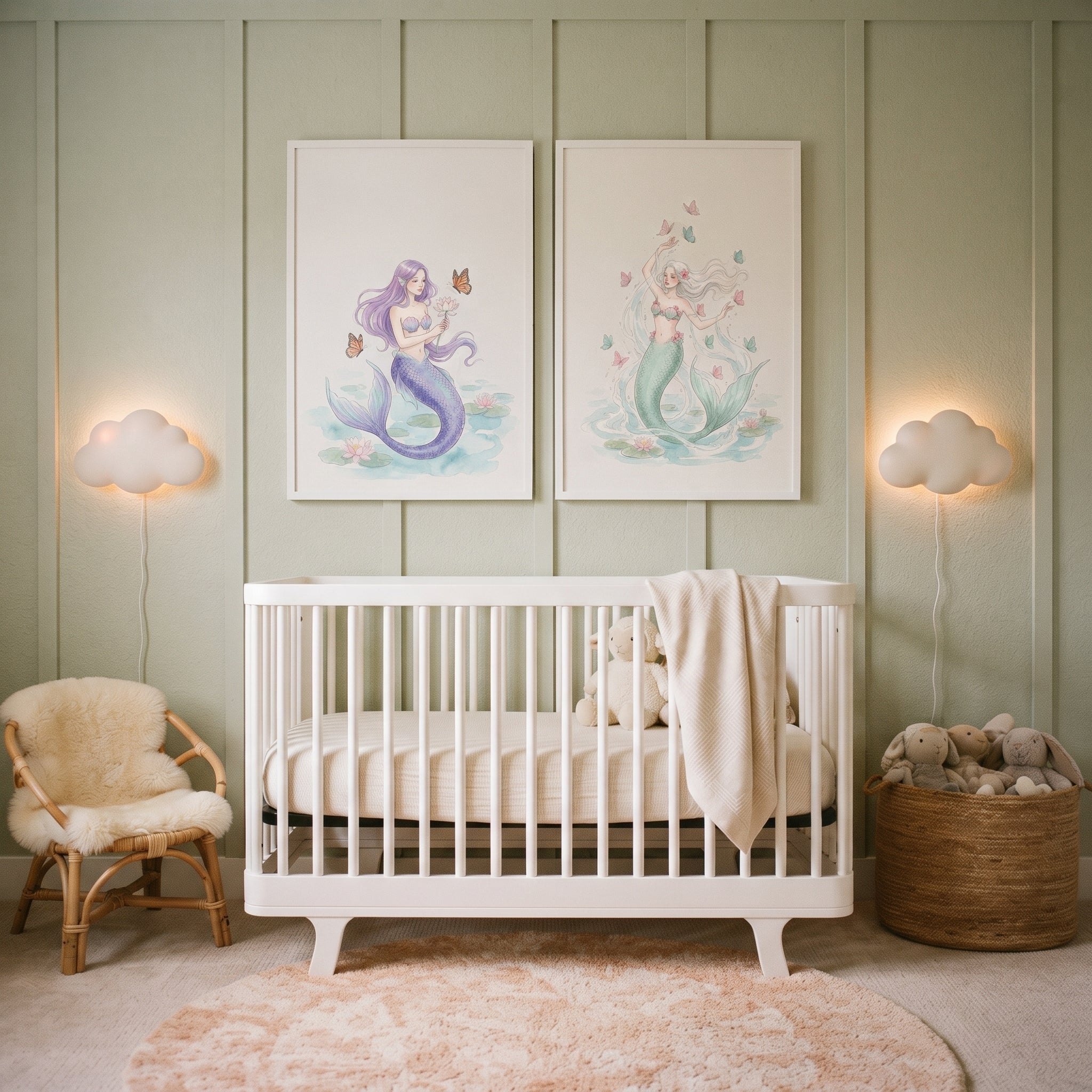 Pastel Floral Butterfly Mermaid Wall Art Set of 2 - Ethereal Sea Spirits