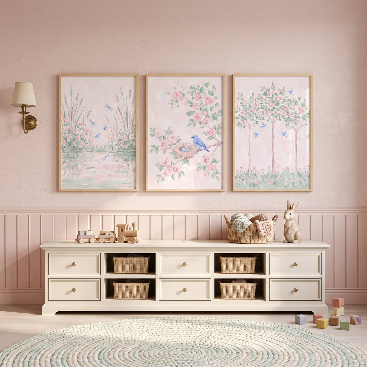 Pastel Floral Pink Garden Wall Art Set of 3 - Pastel Garden Scenes
