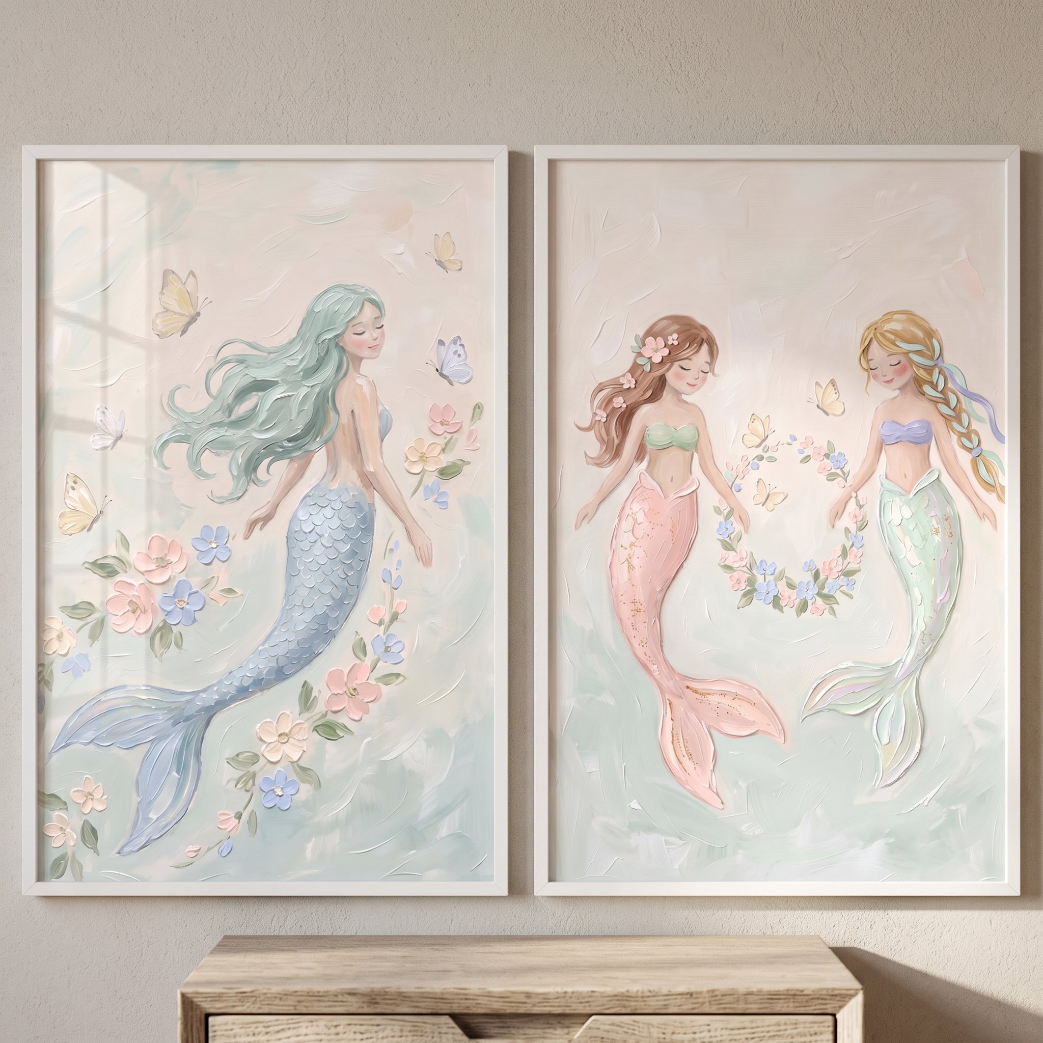 Pastel Floral Whimsical Mermaid Wall Art Set of 2 - Pastel Mermaid Magic