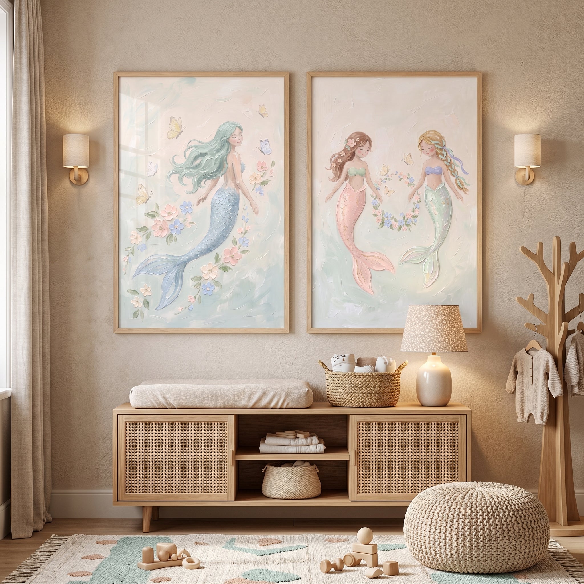 Pastel Floral Whimsical Mermaid Wall Art Set of 2 - Pastel Mermaid Magic