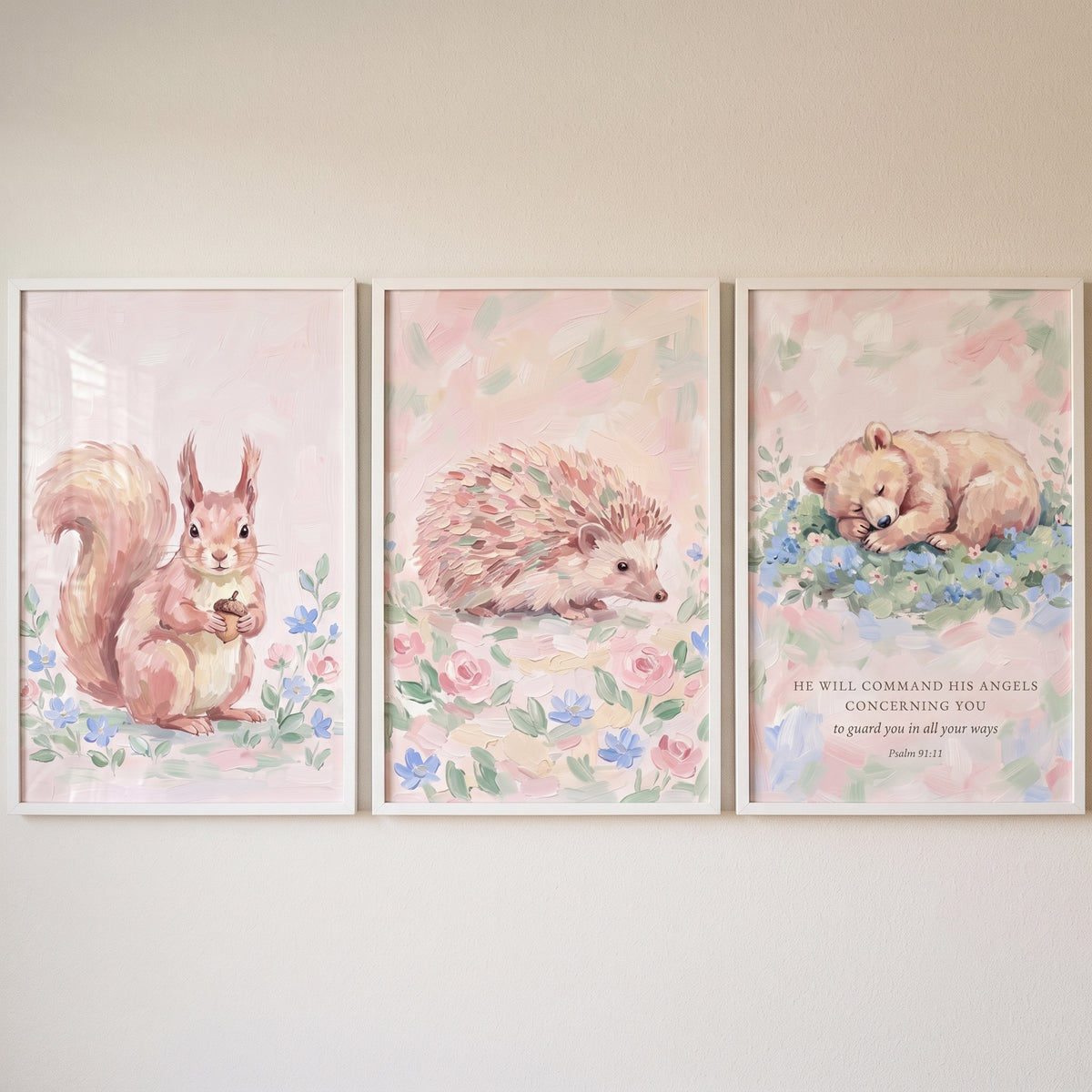 Pastel Floral Woodland Animals Wall Art Set of 3 - Sweet Forest Dreams