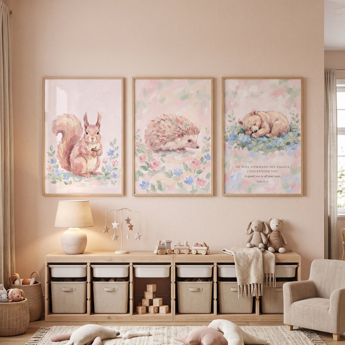 Pastel Floral Woodland Animals Wall Art Set of 3 - Sweet Forest Dreams